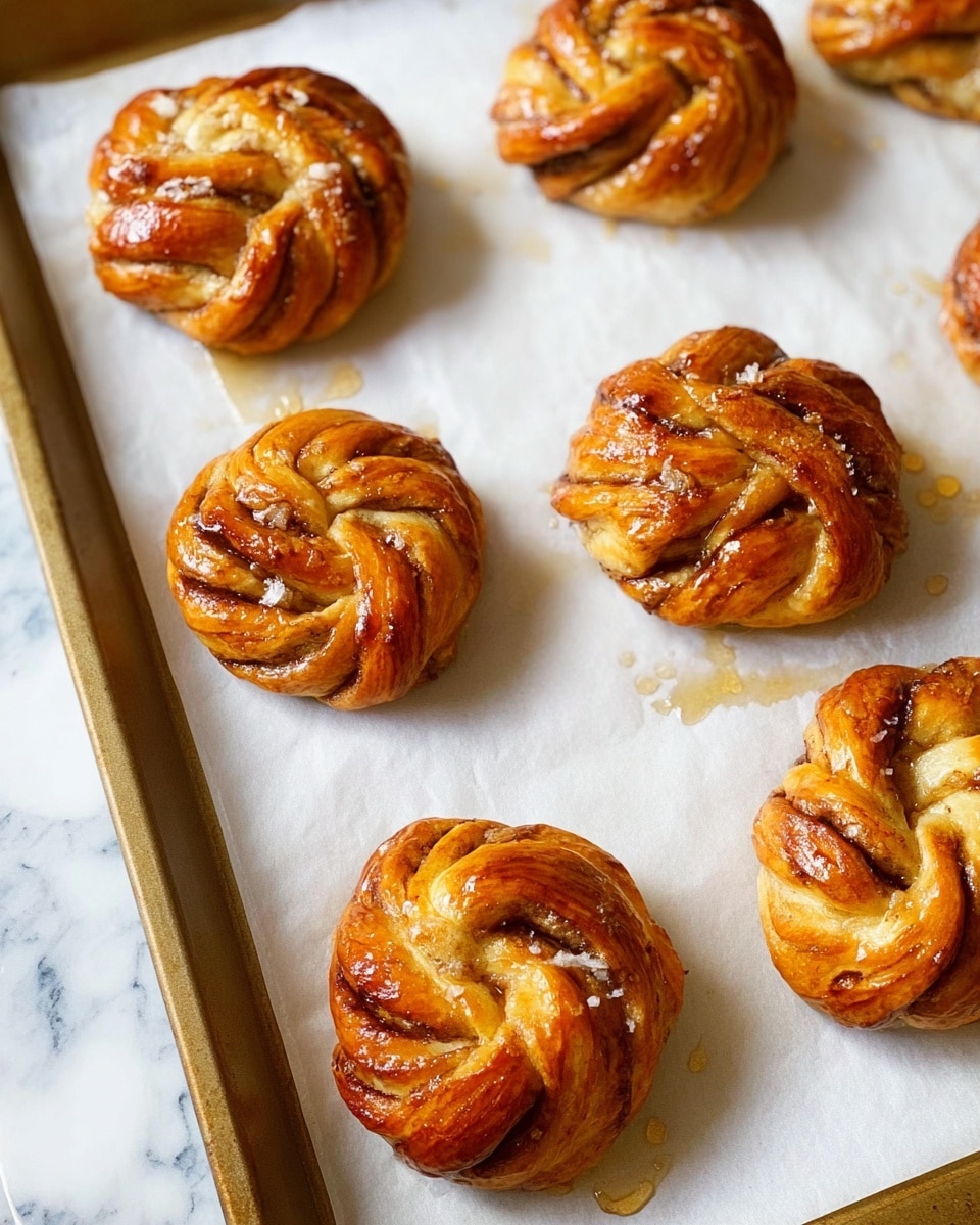 The image shows six round twisted buns placed on white baking paper on a baking tray. Each bun has a golden-brown color with a shiny surface, showing several layers of dough twisted together to form a knot shape. Light brown and darker areas on the buns indicate slight caramelization, with some small specks of cinnamon or spice visible within the layers. Drops of oily or syrupy liquid scatter around the buns on the baking paper. The background is a white marbled texture. photo taken with an iphone --ar 4:5 --v 7