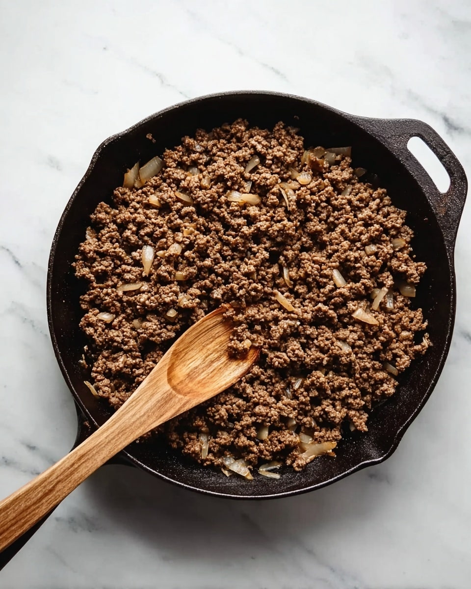A black cast iron pan sits on a white marbled surface, filled with cooked ground meat mixed with translucent, slightly browned chopped onions. The meat is a dark brown color with a crumbly texture, evenly distributed in the pan. A wooden spoon with a smooth finish rests inside the pan, its handle reaching out toward the edge. The scene is simple and clean, focusing on the cooked mixture inside the pan. photo taken with an iphone --ar 4:5 --v 7