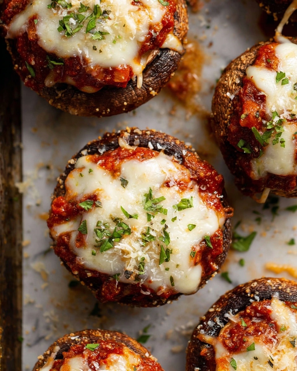 The dish shows a close-up of several round baked stuffed mushrooms on a white marbled surface. Each mushroom has a dark brown cap base, filled with a layer of red tomato meat sauce with small chunks visible. On top of the sauce is a thick layer of melted white cheese, slightly browned in spots, giving it a warm, bubbly texture. Small green chopped herbs are sprinkled over the cheese and around the mushrooms. The edges of the mushrooms reveal a bit of grated cheese and sauce spilling slightly onto the surface underneath. Photo taken with an iphone --ar 4:5 --v 7
