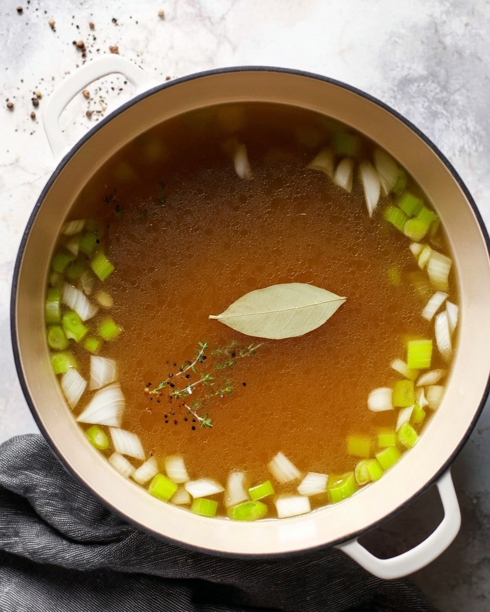 The image shows a white pot filled with a clear brown broth. Inside the broth, there are small white pieces of chopped onion and light green slices of celery floating evenly. In the center, a single brown bay leaf lies on the surface, surrounded by a small pile of black pepper. The pot rests on a white marbled surface with a dark gray cloth on the lower right side. The photo taken with an iphone --ar 4:5 --v 7