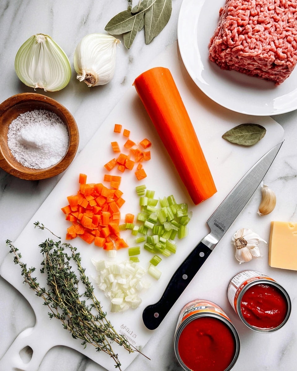 The image shows a white cutting board placed on a white marbled surface with several chopped ingredients on it. On the board, there are two large orange carrot pieces, some diced carrots, and chopped green celery arranged in small piles. A sharp knife with a black handle lies diagonally across the board, partially on top of a long orange carrot. Next to the board, on the right, there is a white plate with a block of raw ground meat. Near the top left of the board, there are two halves of a white onion and several peeled garlic cloves scattered beside fresh green rosemary sprigs. Below the chopping board, a small wooden bowl filled with coarse salt and two bay leaves are visible. Fresh thyme sprigs are placed near the bottom edge, and two small open cans of red tomato sauce are seen near the top right corner of the cutting board. A small piece of yellow cheese is positioned near the plate with ground meat. photo taken with an iphone --ar 4:5 --v 7