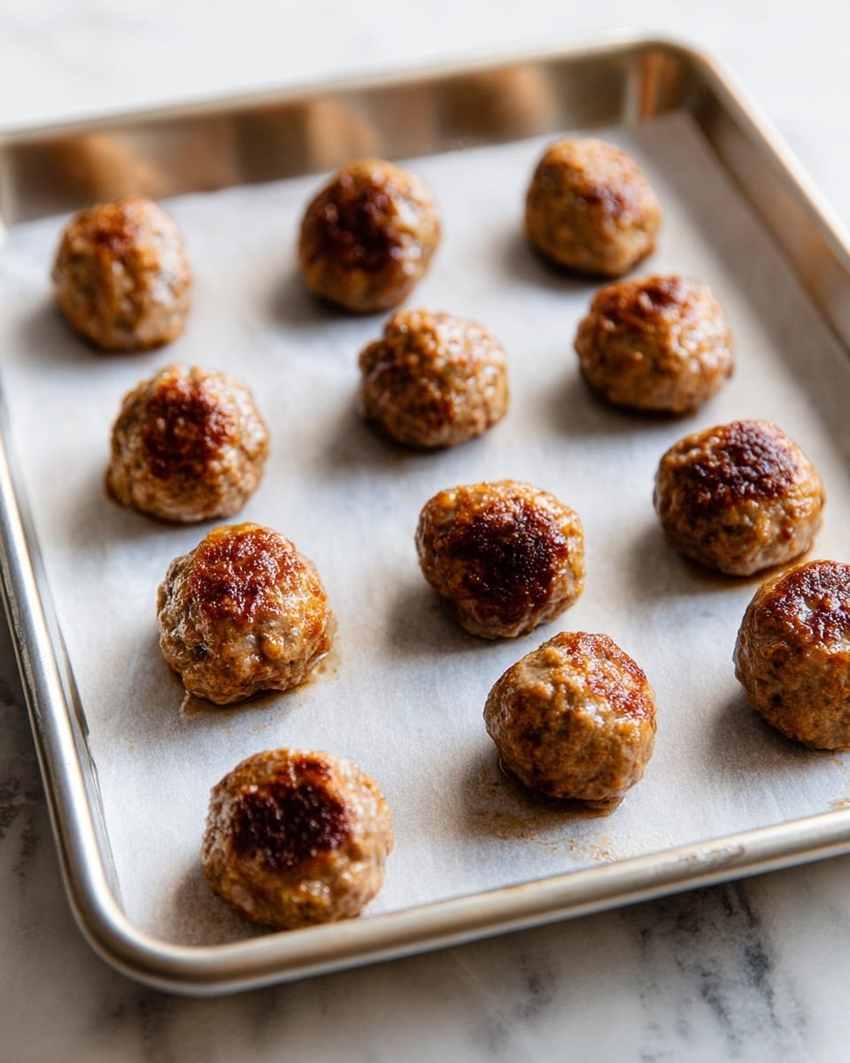 The image shows a silver metal baking tray lined with white parchment paper, placed on a white marbled surface. On the tray, there are about twelve browned meatballs spaced apart in rows. Each meatball has a round shape with a slightly rough texture and a golden brown color on top from cooking, with some areas showing darker crisp spots. The meatballs have a moist, cooked look and are evenly sized. The scene has natural light highlighting the meatballs’ shiny surface. photo taken with an iphone --ar 4:5 --v 7