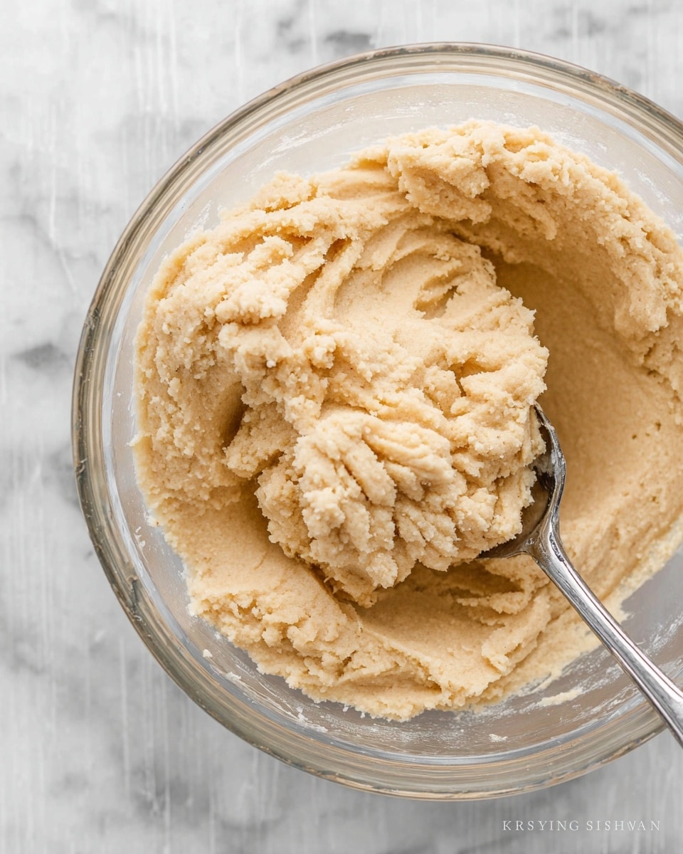 The image shows a clear glass bowl filled with thick, creamy dough of light beige color. The dough has a slightly grainy texture with visible ridges and small clumps, giving it a soft, dense look. A silver spoon is placed inside the bowl, partially covered by the dough, with its handle extending out toward the bottom right of the image. The bowl is set on a white marbled surface, adding a clean and bright contrast to the warm tone of the dough. Photo taken with an iphone --ar 4:5 --v 7