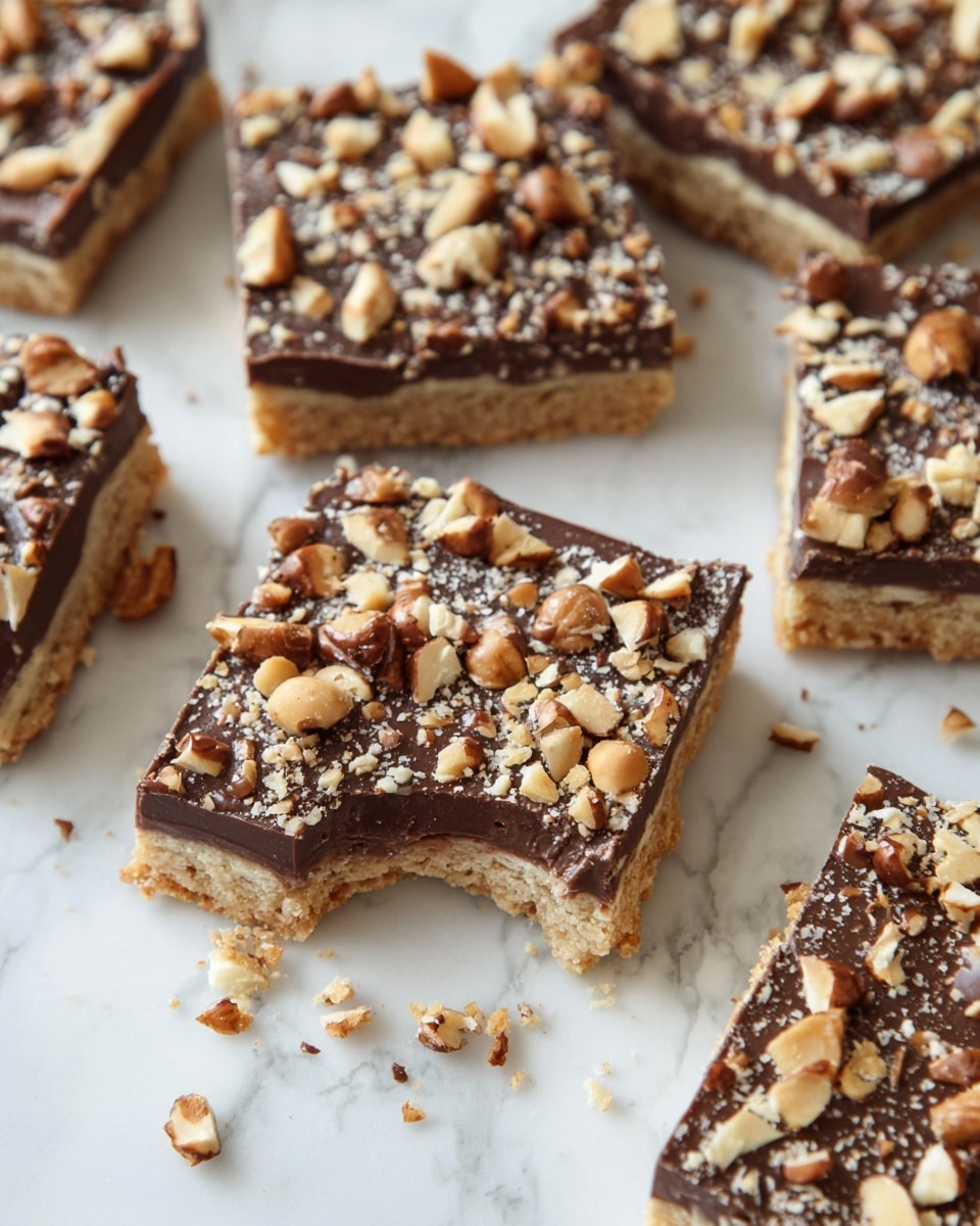 The image shows several square pieces of a layered dessert on a white marbled surface. Each piece has two layers: the bottom layer is a light tan color with a crumbly texture like a biscuit or cookie base, while the top layer is covered with milk chocolate mixed with many small and medium beige and brown nut pieces scattered unevenly across the surface. One square piece in the middle has a bite taken from one corner, showing the thickness of both layers. Small crumbs and nut fragments are scattered around on the white marbled surface. photo taken with an iphone --ar 4:5 --v 7