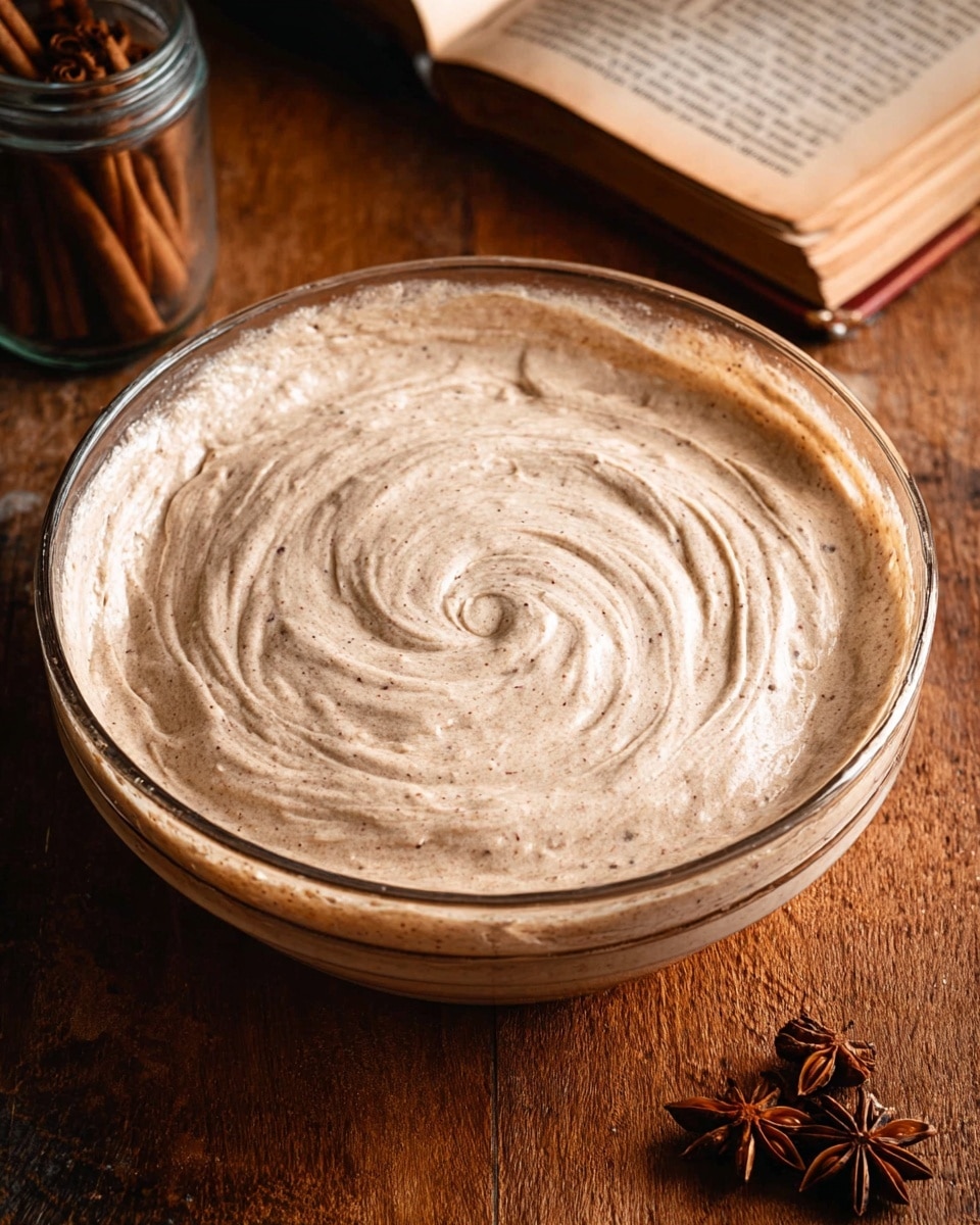 A large clear glass bowl filled with light brown, frothy batter that has a smooth, swirled texture visible on the top layer. The batter has tiny dark specks throughout, adding detail to the creamy and airy surface. The bowl sits on a warm, rustic wooden table, with a small glass jar of cinnamon sticks and two star anise pods positioned nearby, along with the edge of an old open book showing printed text. The image is softly lit, showcasing a cozy kitchen atmosphere. photo taken with an iphone --ar 4:5 --v 7