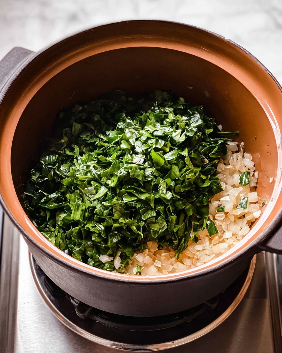 Inside a large brown cooking pot, there are two layers of ingredients visible. The bottom layer is made of small, light golden cooked onion pieces, spread evenly on the pot's base. On top of the onions is a fresh pile of chopped dark green leafy vegetables, covering about half of the onions underneath. The pot is set on a stove with a shiny silver burner below, and the background shows a white marbled texture. photo taken with an iphone --ar 4:5 --v 7