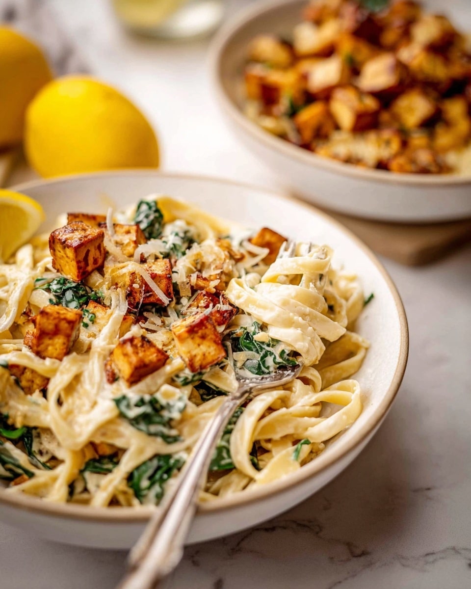 The dish shows a white bowl filled with creamy fettuccine pasta mixed with green leafy parts and topped with golden brown small cubes of fried tofu that have a slightly crispy texture. A silver fork is stuck into the pasta on the left side of the bowl. In the background, there is another white bowl filled with more tofu cubes, slightly out of focus. A yellow lemon wedge is placed on the white marbled surface behind the bowls, adding a pop of color. The overall scene is warm and inviting, with a close-up view emphasizing the texture of the pasta and tofu. photo taken with an iphone --ar 4:5 --v 7