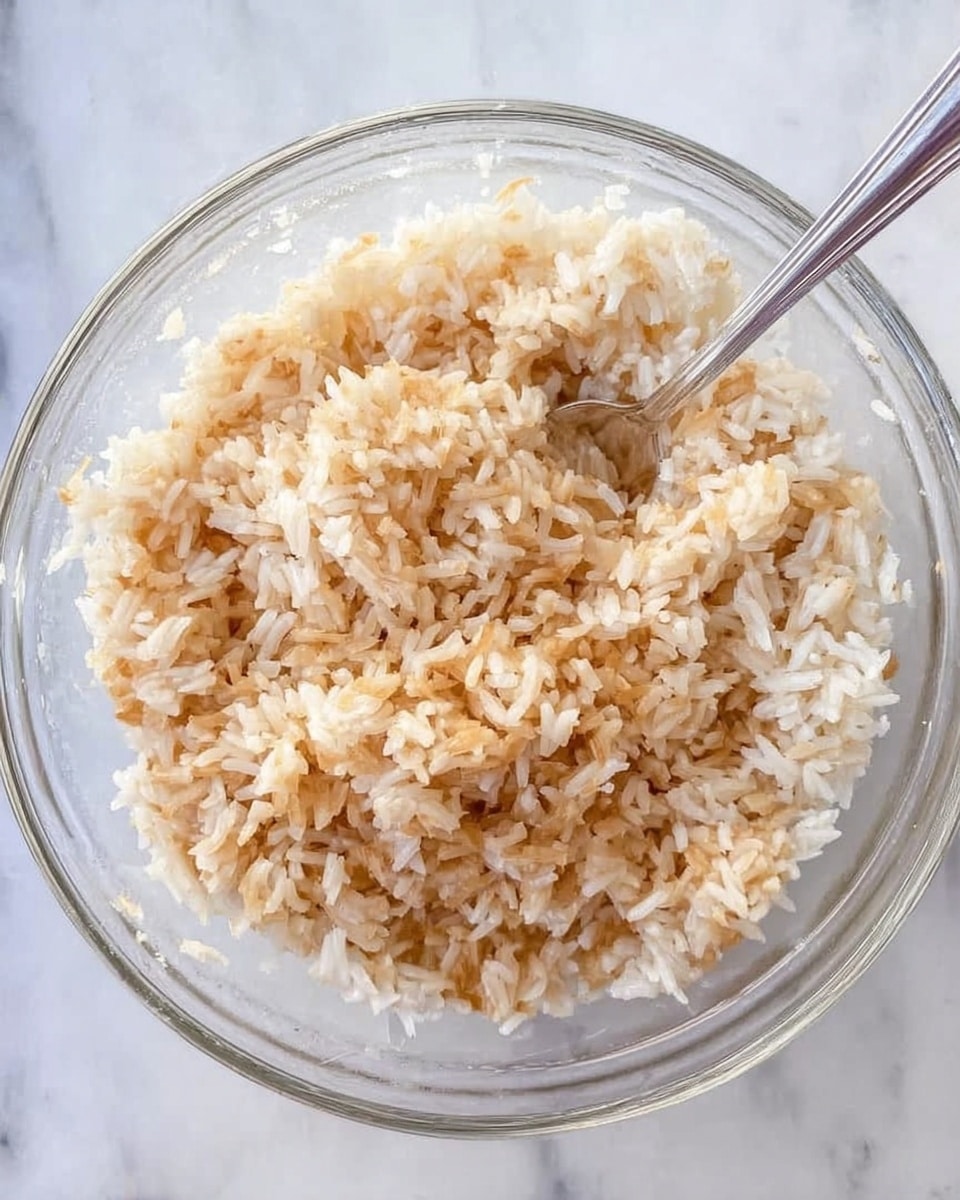 A clear glass bowl filled with cooked white rice mixed with a light brown sauce or seasoning, giving the rice a slightly uneven color with some areas more brown than others. A silver spoon is partially buried in the rice near the edge of the bowl. The bowl sits on a white marbled surface. photo taken with an iphone --ar 4:5 --v 7