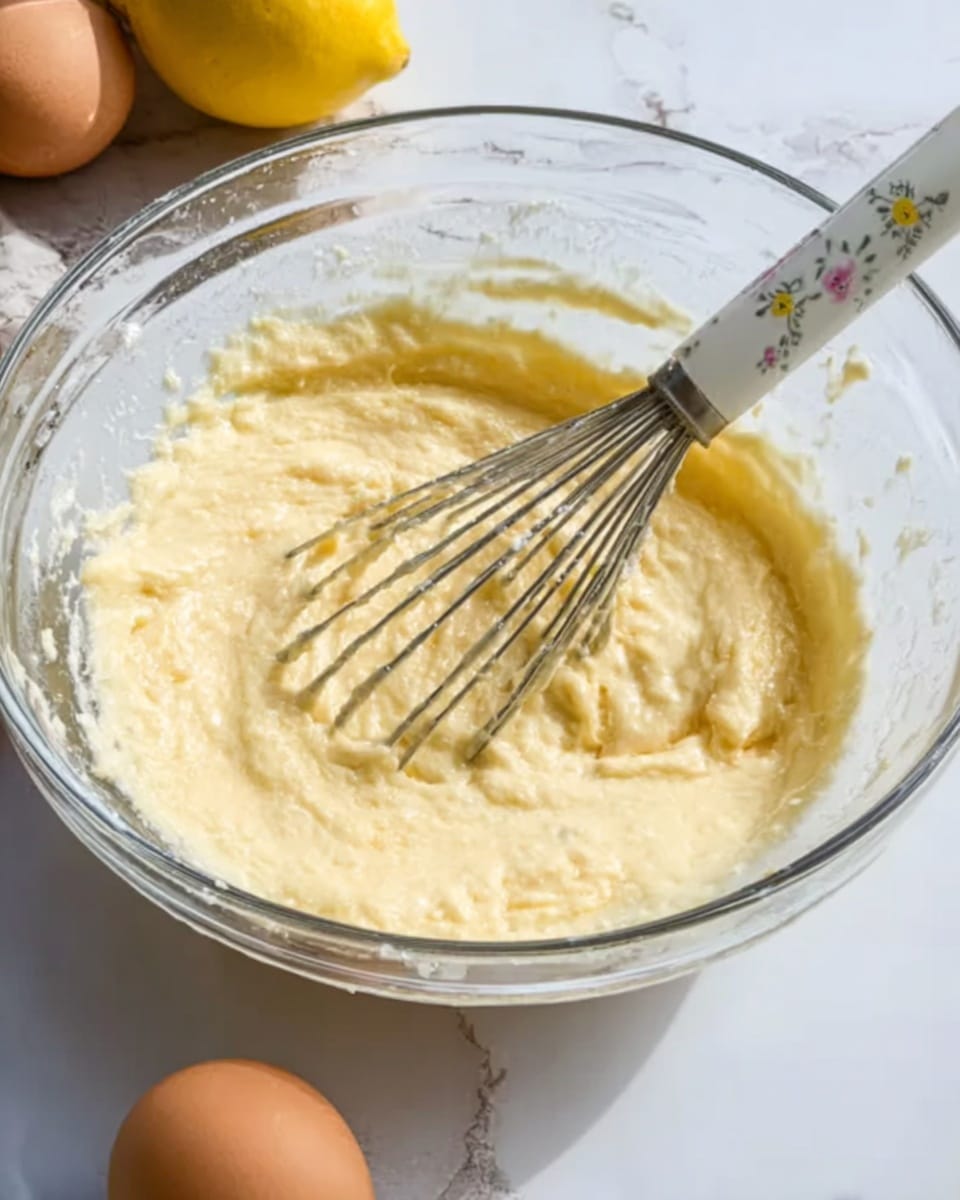 A clear glass bowl filled with a pale yellow, creamy batter that has a soft, smooth texture with some small lumps, sitting on a white marbled surface. Inside the bowl, a metal whisk with a white handle and small floral designs is resting, partly covered with the batter. Around the bowl, there are parts of a yellow lemon and a brown egg visible on the white marbled surface. The scene is bright with natural light. photo taken with an iphone --ar 4:5 --v 7