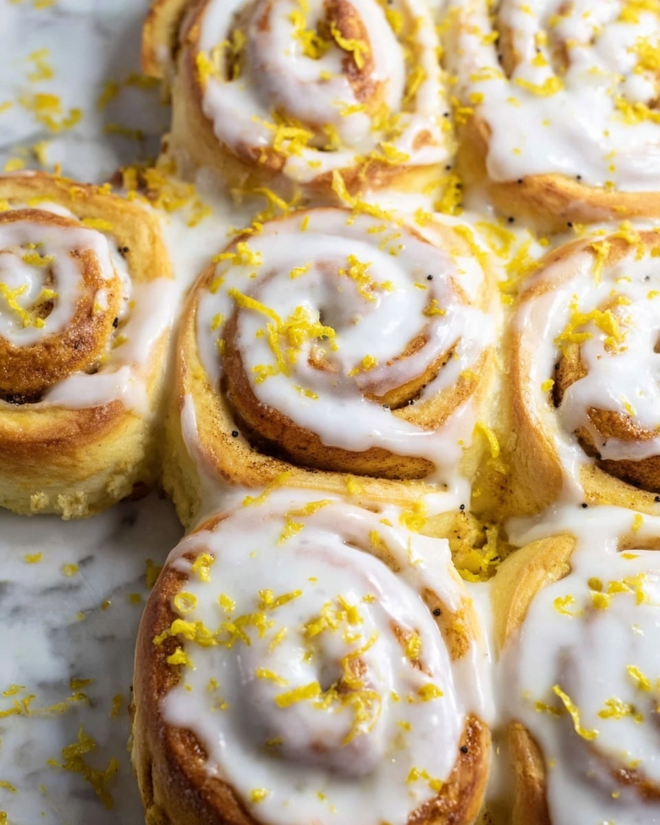 A close-up view of a tray filled with soft cinnamon rolls covered in thick white icing, each roll showing a golden-brown spiral with light textures and small black poppy seeds visible inside. The rolls are topped with bright yellow lemon zest scattered unevenly over the icing, adding a pop of color and texture. The icing flows smoothly over the rolls, pooling slightly between them on a white marbled surface beneath. photo taken with an iphone --ar 4:5 --v 7