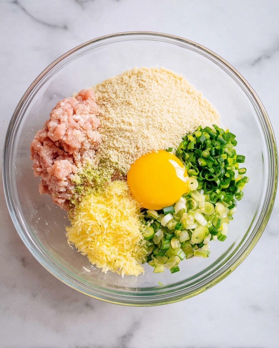 A clear glass bowl sits on a white marbled surface, containing five separate layers of ingredients neatly grouped within. One layer has pale pink raw ground meat with a soft, moist texture. Above it, a bright yellow raw egg yolk with a shiny, smooth surface rests close to the meat. Next to this, a large pile of fine, light beige breadcrumbs takes up almost half the bowl. Beside the breadcrumbs, there are chopped green onions in different shades of green and white, with a fresh and slightly crunchy look. On top of the green onions, there is a small pile of finely grated yellow ginger with a slightly fibrous texture. The layers are all unmixed and clearly defined. photo taken with an iphone --ar 4:5 --v 7