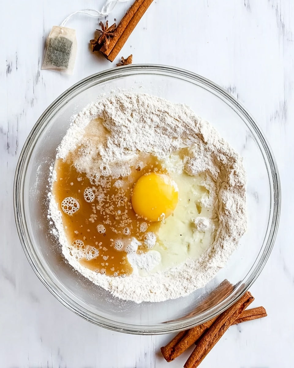 A clear glass bowl sitting on a white marbled surface holds several layers of ingredients before mixing. At the bottom, there is white flour, covering most of the bowl's base. Resting lightly on top of the flour is a raw egg with a bright yellow yolk clearly visible in the center. Around the egg are various liquids: a tan liquid pooling on the left side, a pale brown liquid on the right, and a few small clear bubbles scattered on top. Small clumps of white flour float on the surface of the liquids, creating texture contrasts. A few cinnamon sticks and a tea bag lie nearby on the white marbled background. photo taken with an iphone --ar 4:5 --v 7
