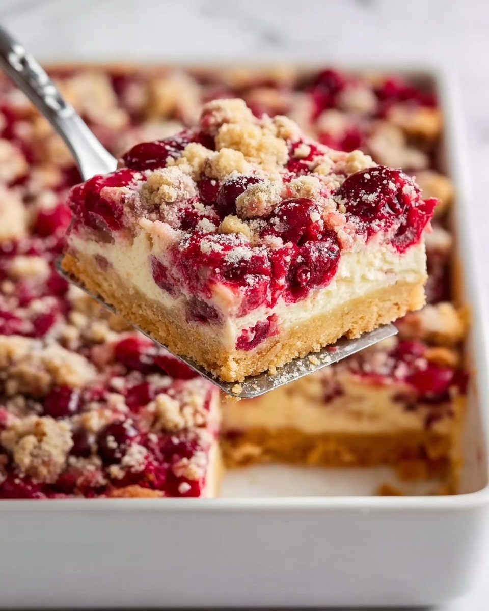A close-up image of a square slice of dessert being lifted from a white rectangular dish with a spatula; the dessert has three layers starting with a light golden crust at the bottom, followed by a thick, creamy middle layer, and topped with bright red berries mixed with scattered crumbs that add a rough texture on top. The background surface is white marble. photo taken with an iphone --ar 4:5 --v 7