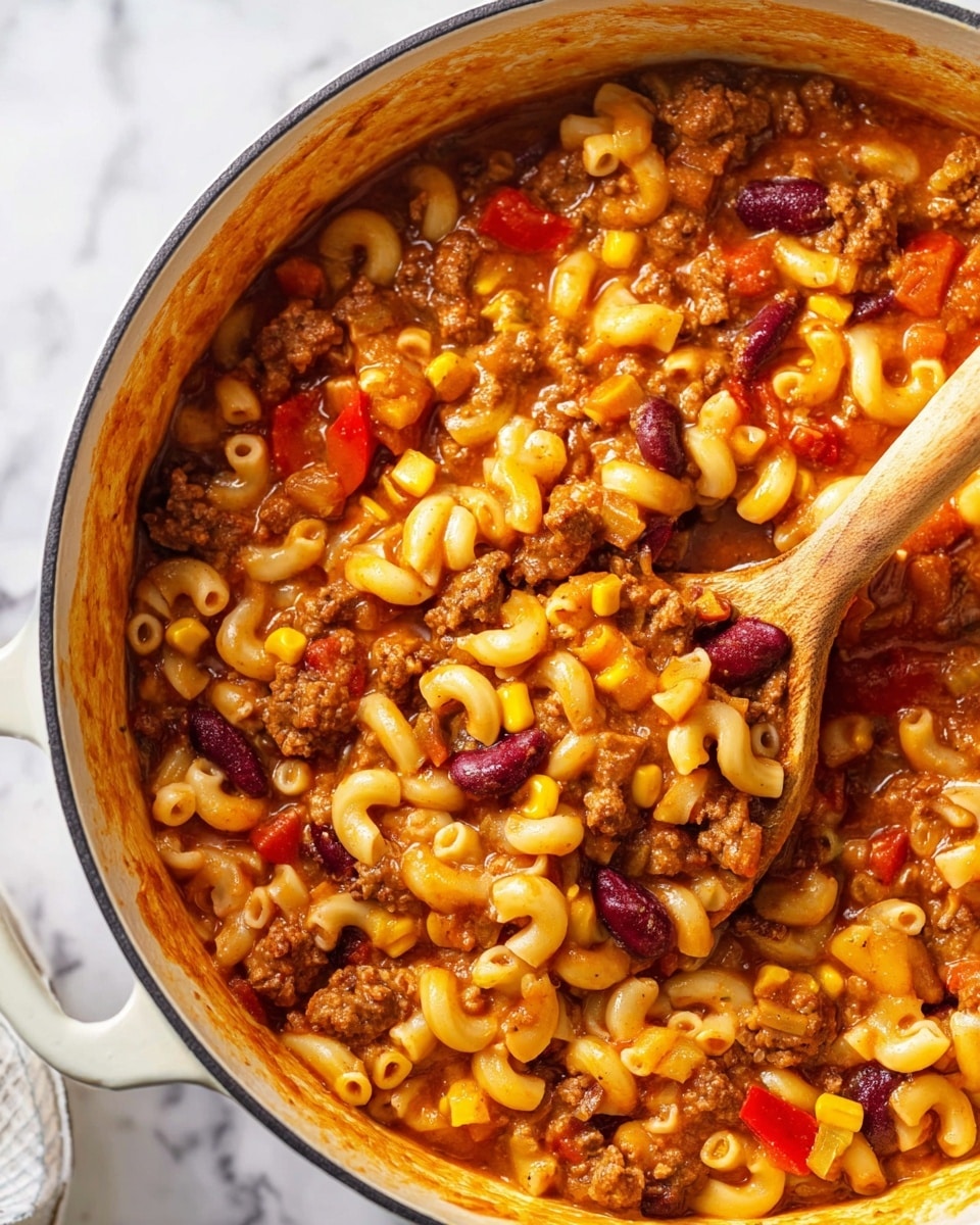 A white pot filled with a thick pasta dish showing three main layers: elbow macaroni pasta in light beige, soft chunks of browned ground meat, and bright orange-yellow corn kernels mixed with small pieces of red bell pepper and dark red kidney beans. The stew-like sauce is a rich orange color, connecting all parts with a slightly creamy and glossy texture. A wooden spoon scoops some of the layered dish, showing the smooth pasta, bright corn, and meaty pieces close together, with the pot resting on a white marbled surface. Photo taken with an iphone --ar 4:5 --v 7