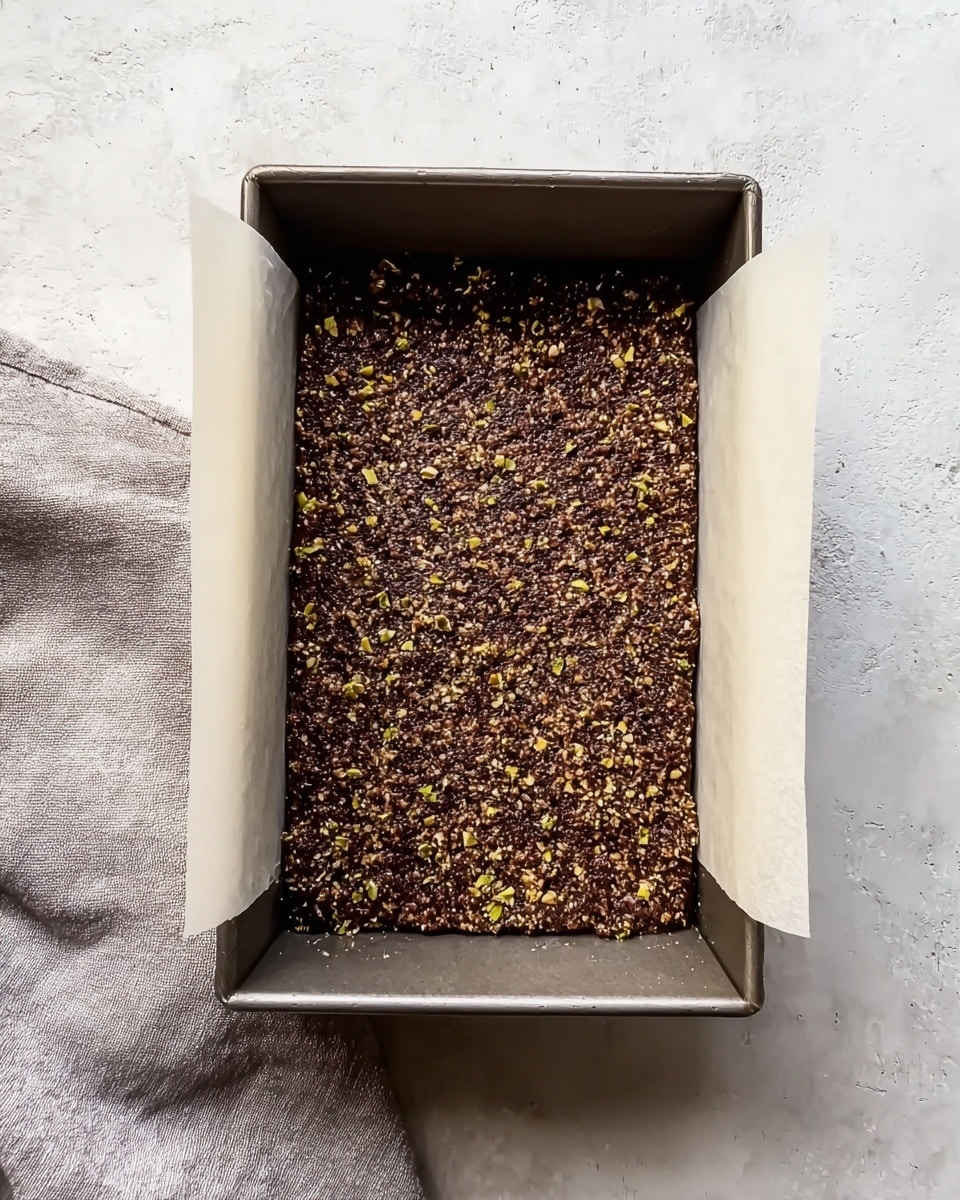 A rectangular metal baking pan lined with white parchment paper on all sides holds a thick, dark brown mixture, speckled with small light green bits evenly spread throughout. The pan rests on a white marbled surface with a soft gray cloth partially visible to the left side. The mixture has a rough, crumbly texture and fills the pan evenly without spilling over the edges. photo taken with an iphone --ar 4:5 --v 7