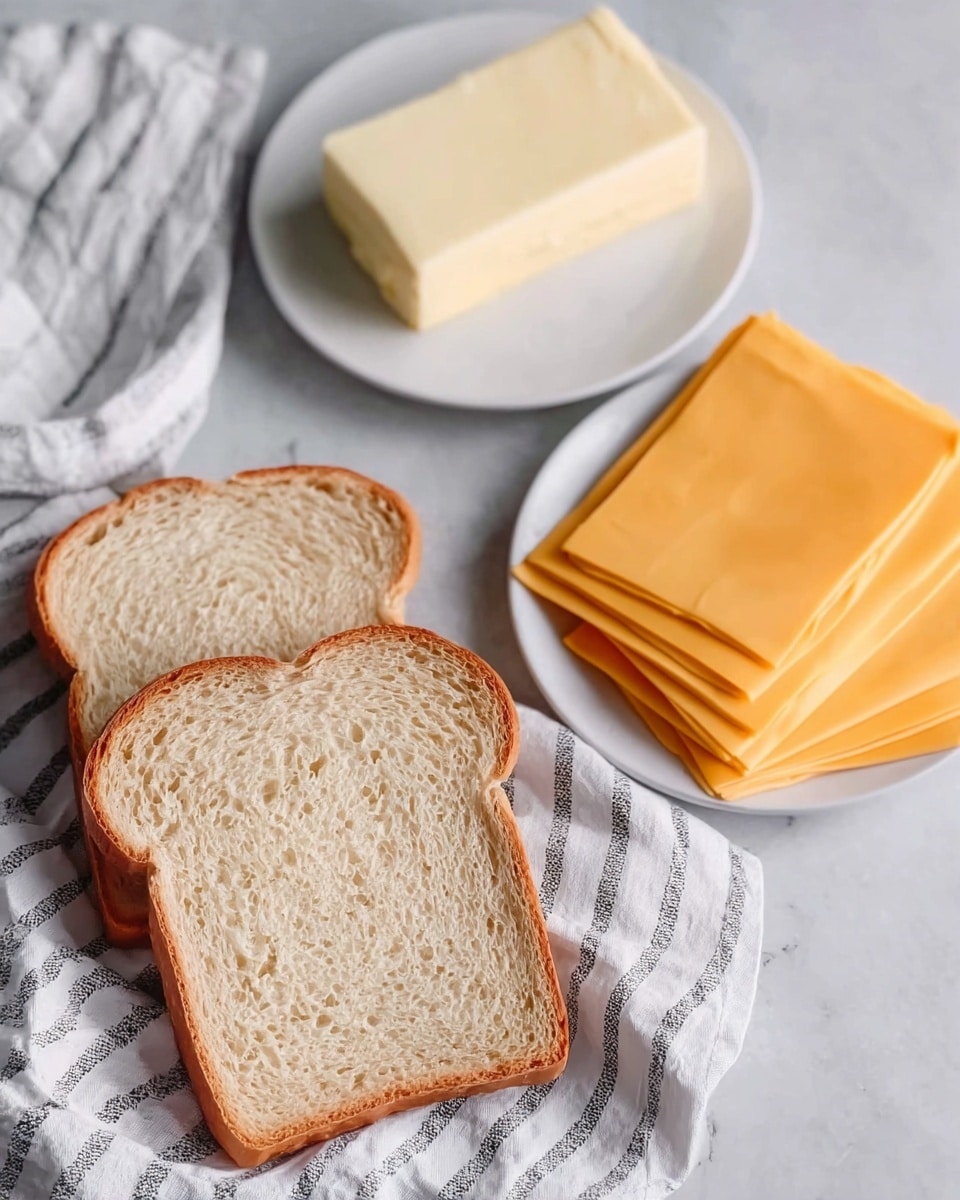 The image shows two slices of light brown bread with a soft, spongy texture placed on a white marbled surface. To the right, there is a stack of thin, square slices of orange-yellow cheese, neatly arranged. Above the bread is a white plate holding a rectangular stick of pale yellow butter with smooth edges. There is a white and gray striped cloth napkin surrounding the items, adding a cozy touch. photo taken with an iphone --ar 4:5 --v 7