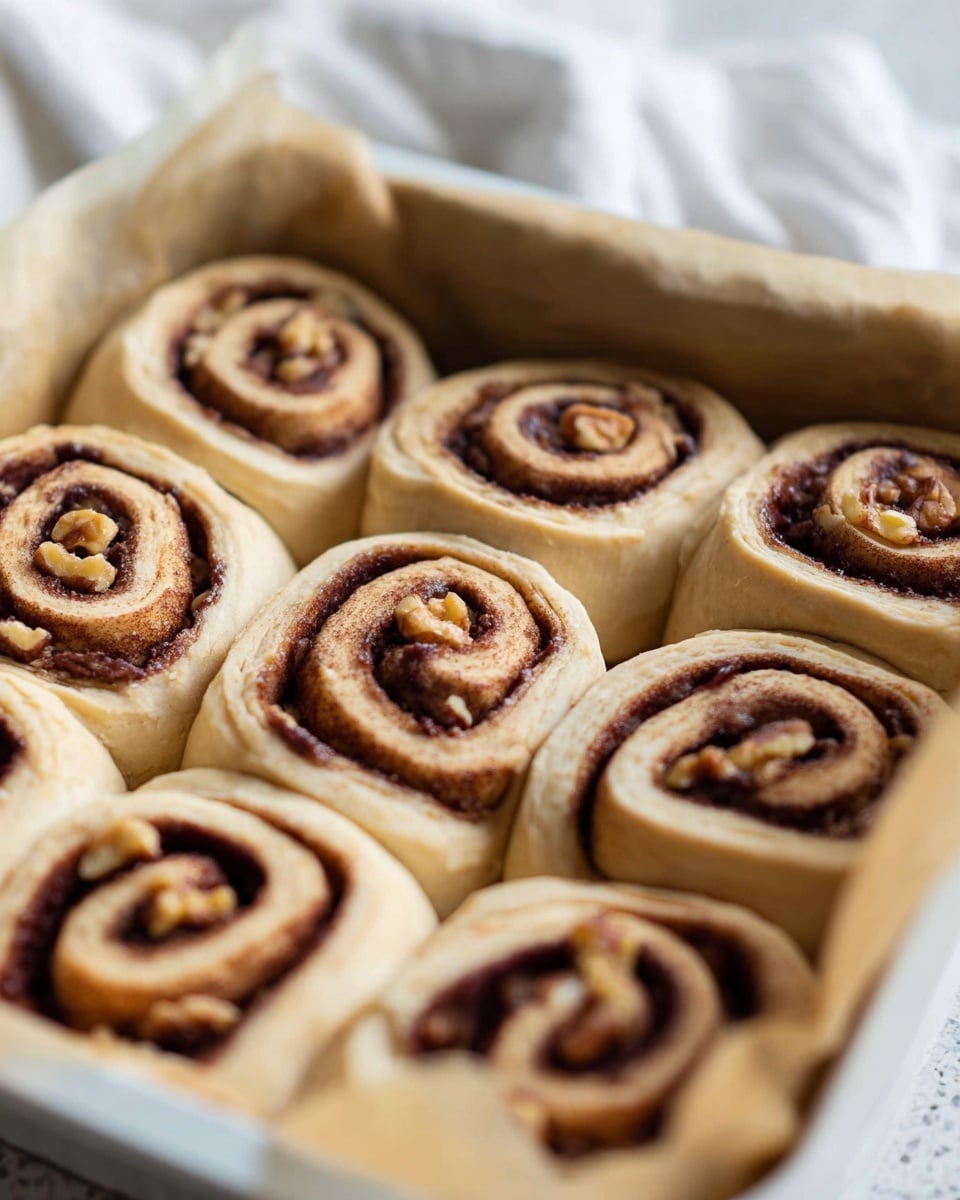 A close-up view of nine cinnamon rolls arranged tightly in a white baking tray lined with light brown parchment paper. Each roll has one visible swirl layer with a light golden dough and dark brown cinnamon filling, speckled with chunks of walnuts that add texture inside the rolls. The dough looks soft and slightly risen with a smooth matte surface. The background shows a soft focus white marbled texture and a blurred white cloth. Photo taken with an iphone --ar 4:5 --v 7