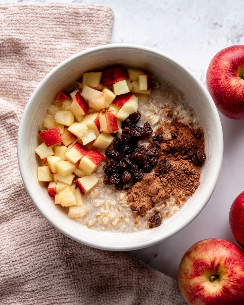 A white bowl filled with oatmeal showing three clear layers on top: diced red and yellow apples on the left with smooth creamy oatmeal below, a cluster of dark raisins in the upper center, and a dusting of brown cinnamon powder mostly on the right and edge of the bowl, all resting on a white marbled surface next to a light pink textured cloth and two red apples nearby; photo taken with an iphone --ar 4:5 --v 7