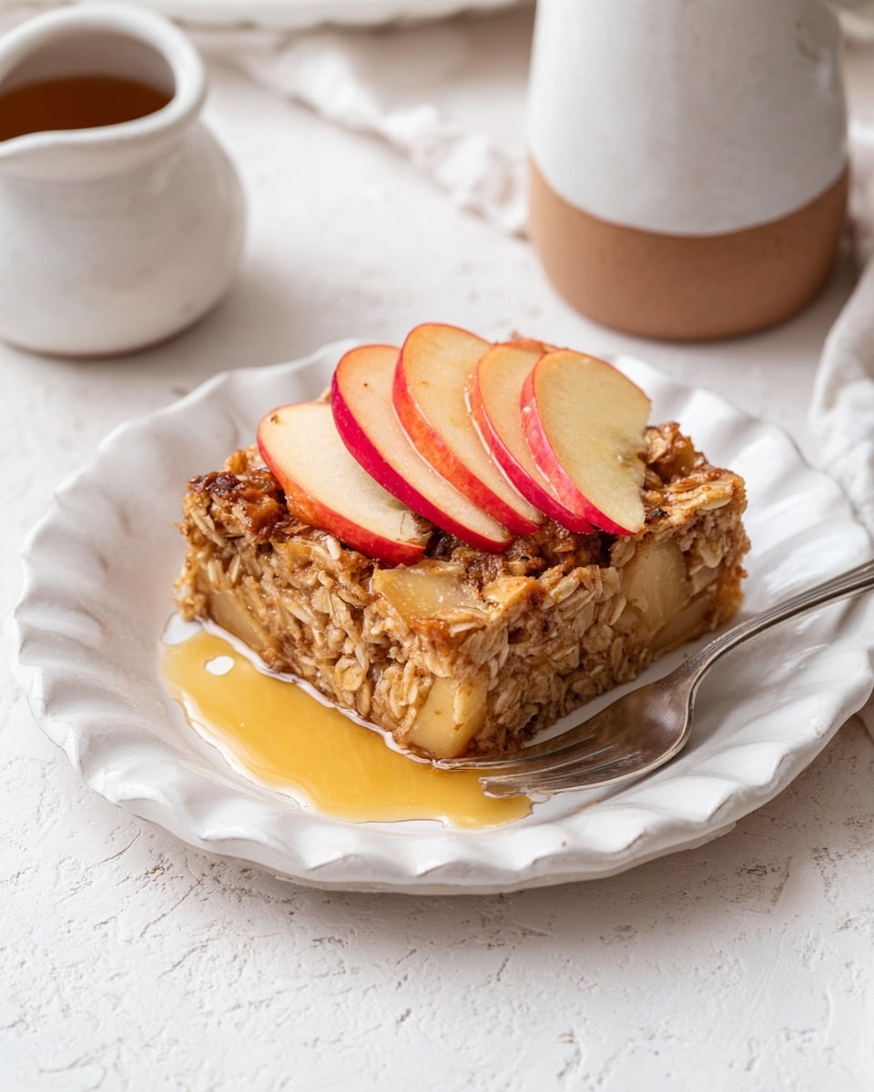 A thick square piece of apple oatmeal bake sits on a white plate with a scalloped edge, topped with three thin, curved slices of red and pale yellow apple arranged in a small fan shape. The bake itself is golden brown with visible chunks of apple and oats throughout its rough and textured surface. There is a pool of golden syrup spreading slightly on the plate around the bake. A silver fork rests on the plate's edge, and in the background, there is a white jar and a small white ceramic pitcher with a brown base. The whole setting is on a white marbled textured surface. photo taken with an iphone --ar 4:5 --v 7
