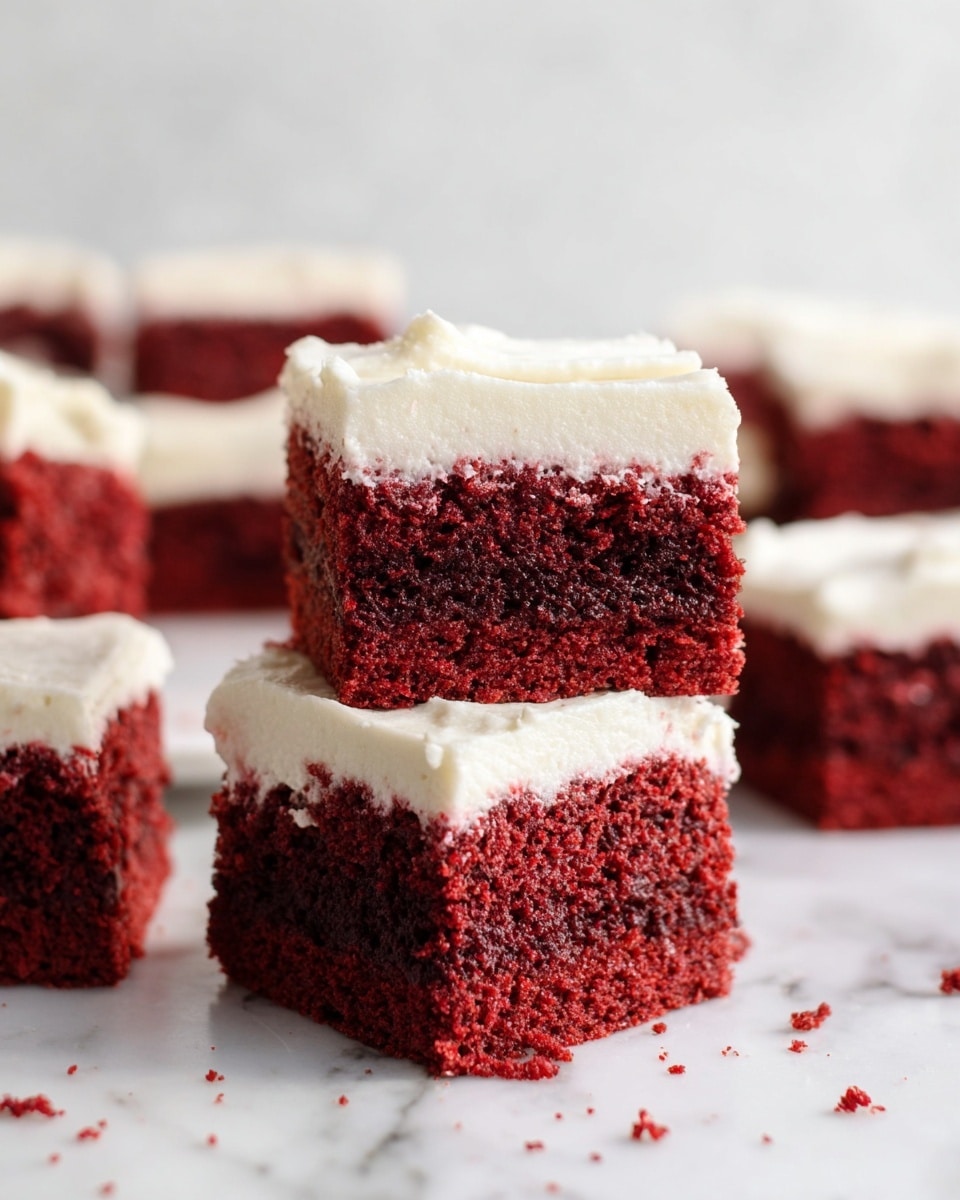 The image shows a close-up of two square pieces of rich red velvet cake stacked on top of each other. Each piece has two layers: the bottom thick layer is a dark red, moist cake with a slightly crumbly texture, and the top layer is a smooth white frosting that is spread evenly and looks soft and creamy. The cake pieces sit on a white marbled surface with some loose crumbs scattered around, and in the background, there are more similar cake pieces that are slightly out of focus. The lighting highlights the texture of both the cake and the frosting, giving a fresh and inviting look. photo taken with an iphone --ar 4:5 --v 7