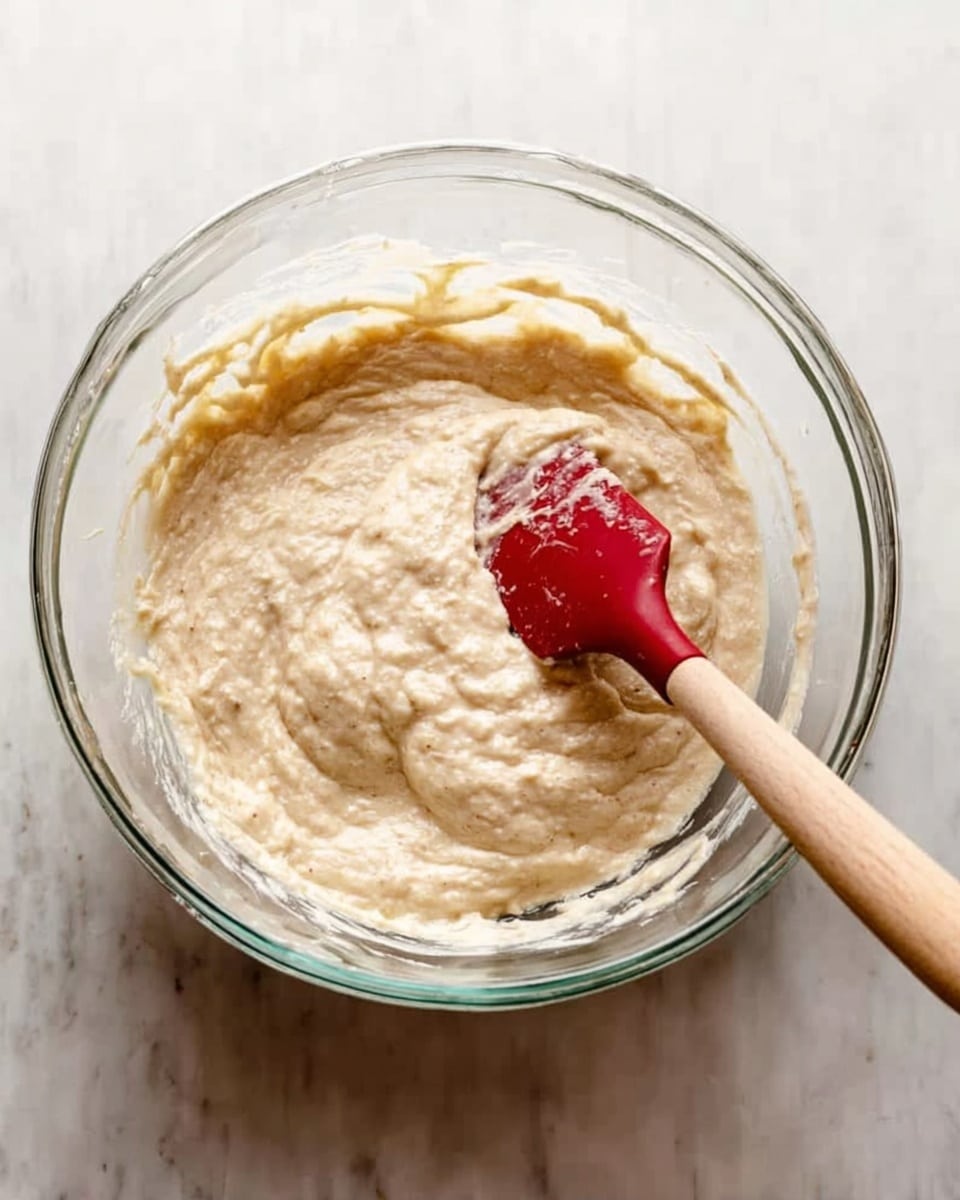 A clear glass bowl sits on a white marbled surface, filled with a creamy, light beige batter that has a few small lumps and a thick texture. A red spatula with a wooden handle rests inside the bowl, partially covered with the batter, showing it has been stirred. The scene is simple and clean with soft natural light highlighting the smooth, mixed batter. Photo taken with an iphone --ar 4:5 --v 7