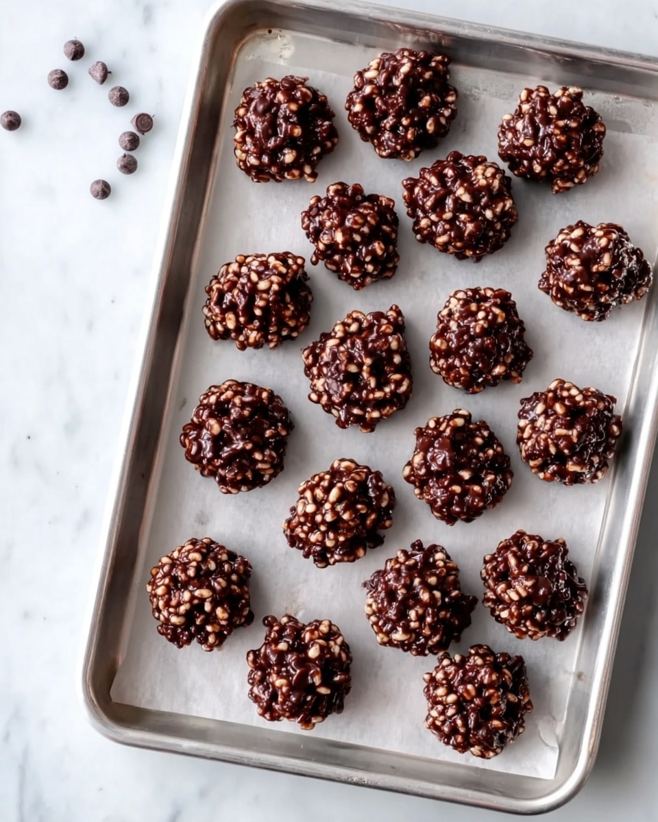 The image shows a silver baking tray filled with small round clusters of chocolate and puffed rice, evenly spaced across the tray. Each cluster is dark brown and glossy, with tiny light beige puffed rice visible, giving a bumpy texture. A few small chocolate chips are scattered around the tray. The tray is placed on a white marbled surface. photo taken with an iphone --ar 4:5 --v 7
