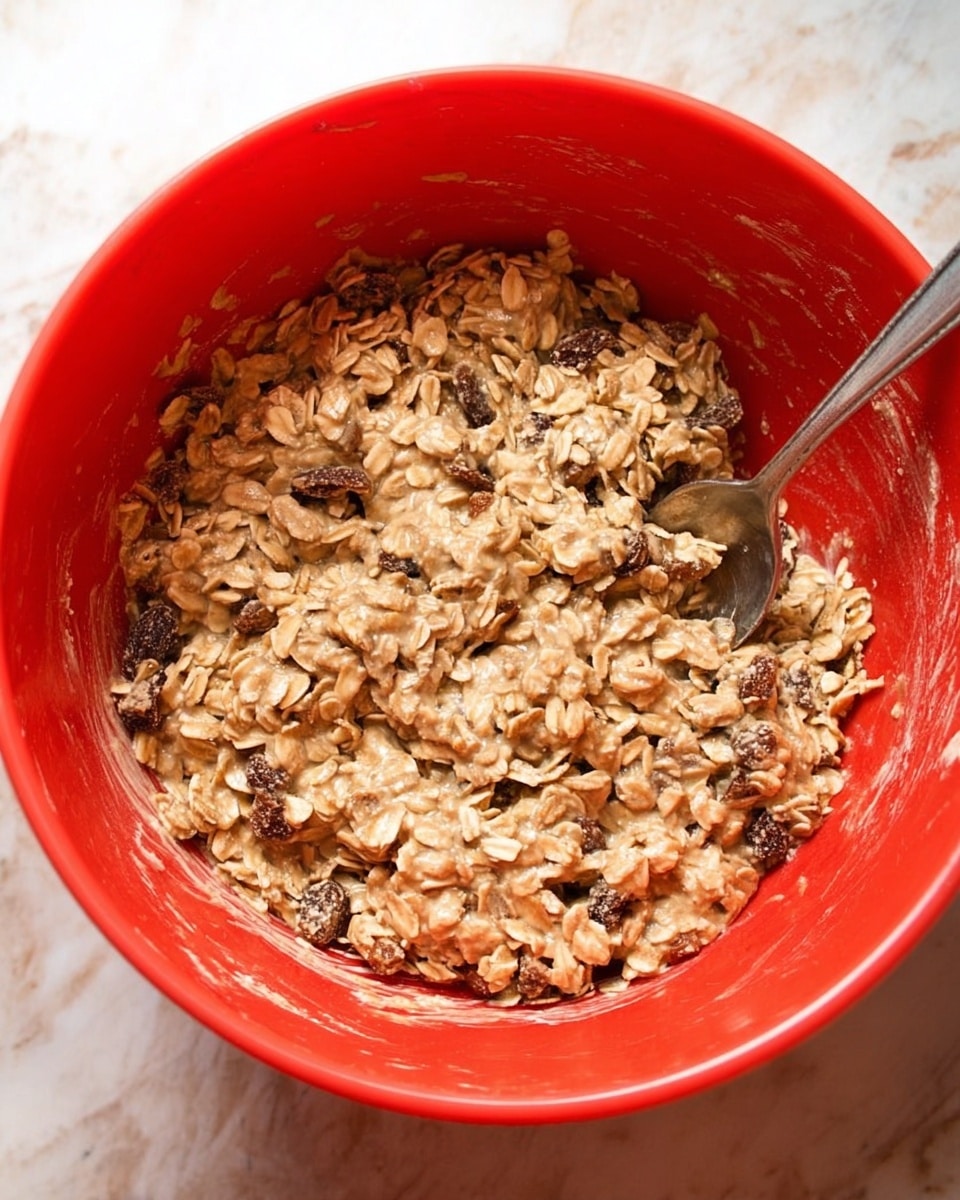 A bright red bowl filled with a mixture of light brown oatmeal and dark brown raisins. The oatmeal mixture looks thick and sticky with visible oat flakes throughout. A silver spoon is partially submerged in the mixture, resting on the right side of the bowl. The bowl is sitting on a white marbled surface. photo taken with an iphone --ar 4:5 --v 7