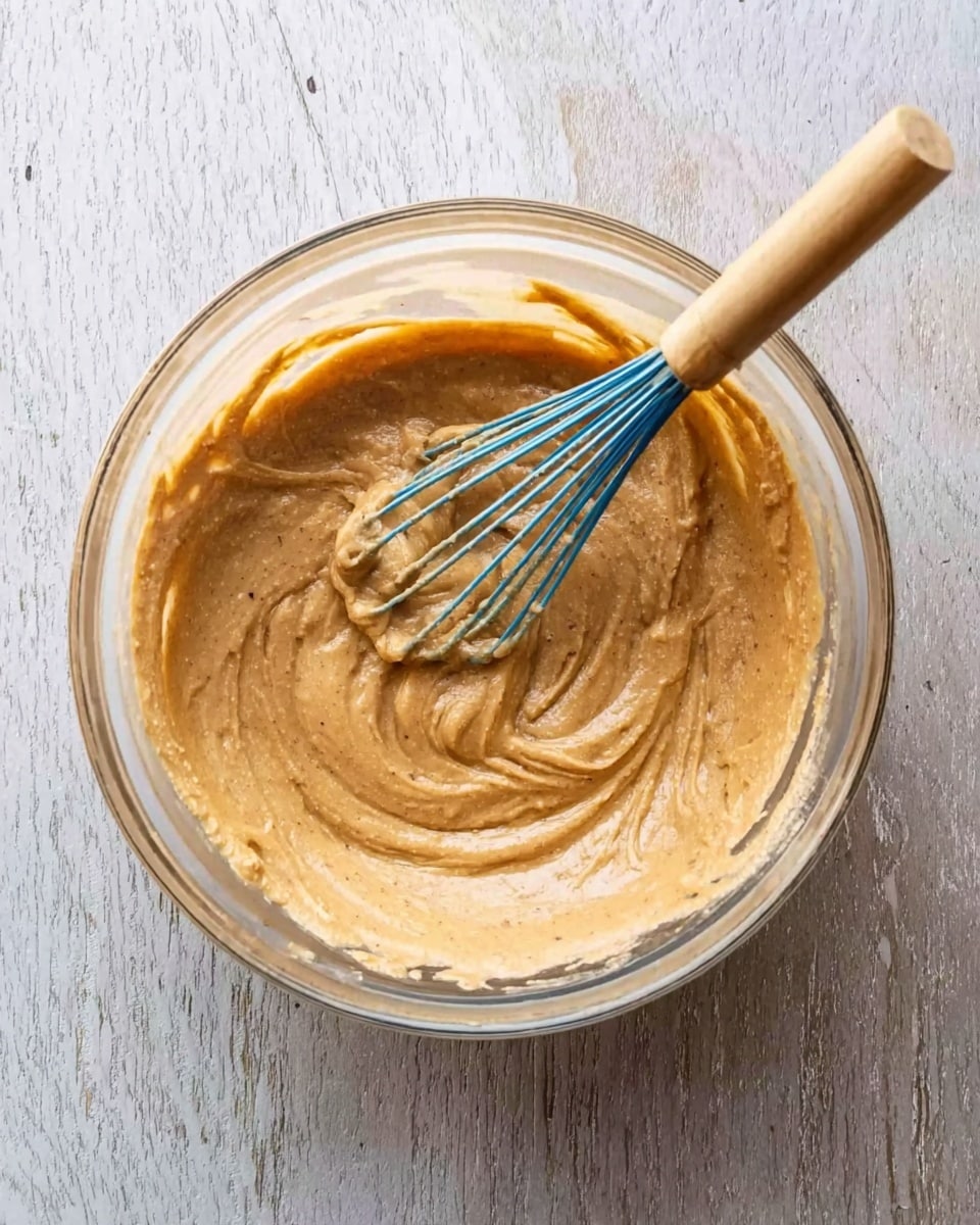A clear glass bowl filled with smooth, thick light brown batter with some darker specks inside, sitting on a white marbled surface. A whisk with a pale wooden handle and blue wires is resting inside the bowl, partially covered by the batter. The batter has a creamy and spreadable texture with swirls from mixing visible on the surface. photo taken with an iphone --ar 4:5 --v 7