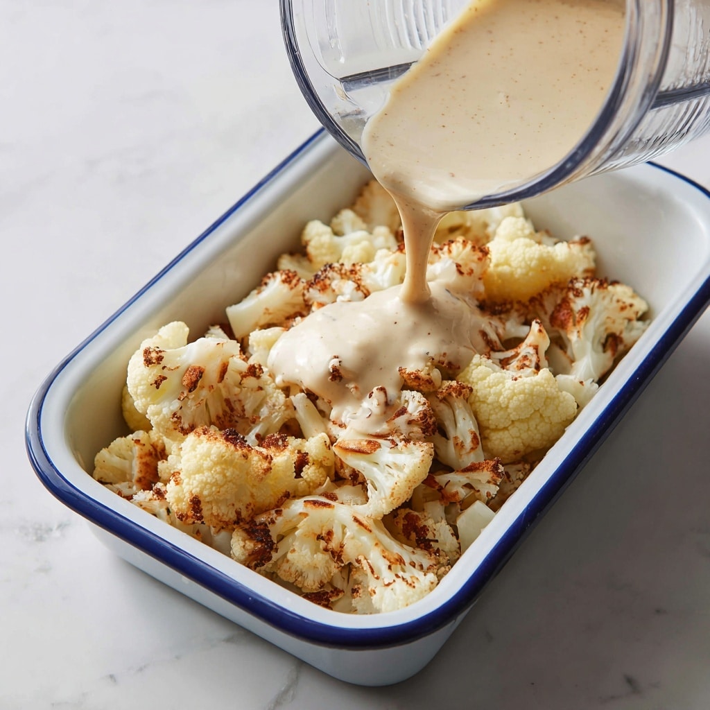 A white rectangular baking dish filled with roasted cauliflower florets that have light brown spots, showing they are slightly crispy. A woman's hand is pouring a thick creamy light beige sauce over the cauliflower from a clear blender jar, with the sauce spreading unevenly on top. The scene is set on a white marbled textured surface. photo taken with an iphone --ar 4:5 --v 7