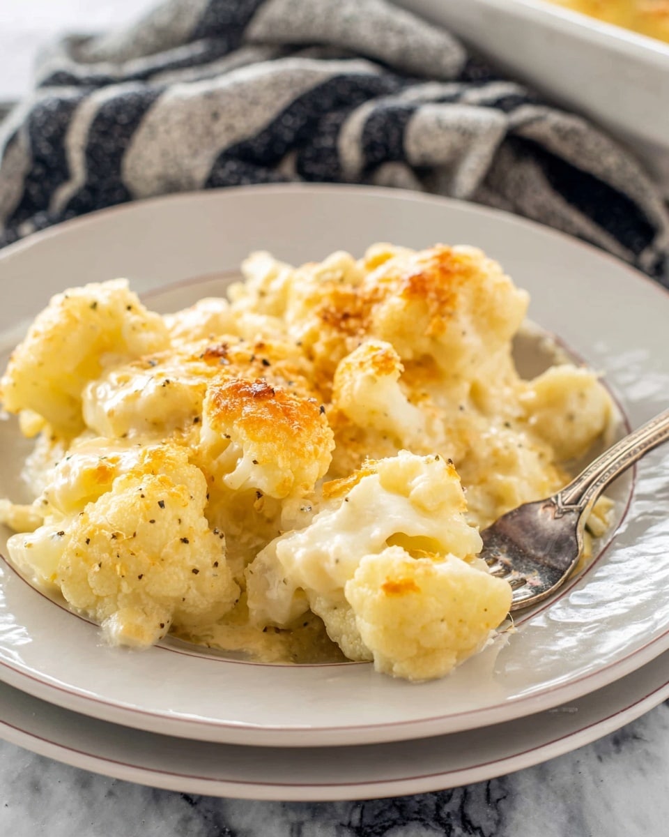 The dish shows a serving of creamy cauliflower bake on a white plate set on top of another matching white plate with a soft texture rim. The cauliflower pieces are tender, covered in a thick, smooth, pale yellow cheese sauce with small specks of black pepper. There are golden brown toasted bits sprinkled lightly over the top, especially on one cauliflower piece held by a fork on the right side. The background features a white marbled surface with a blurred cloth striped in dark and light grey tones. Photo taken with an iphone --ar 4:5 --v 7