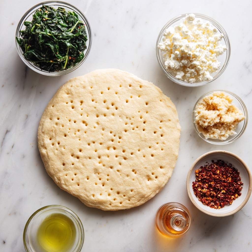 On a white marbled texture surface, there is a round, perforated pizza crust at the bottom right. Above and around it are small clear glass bowls holding different ingredients: dark green chopped spinach in one, crumbly white cheese in another, a small bowl with red chili flakes, and a small bowl with a light brown paste. There is also a bottle filled with a dark liquid and an orange cap, along with a small glass bowl of yellow oil, all spaced neatly. Photo taken with an iphone --ar 4:5 --v 7