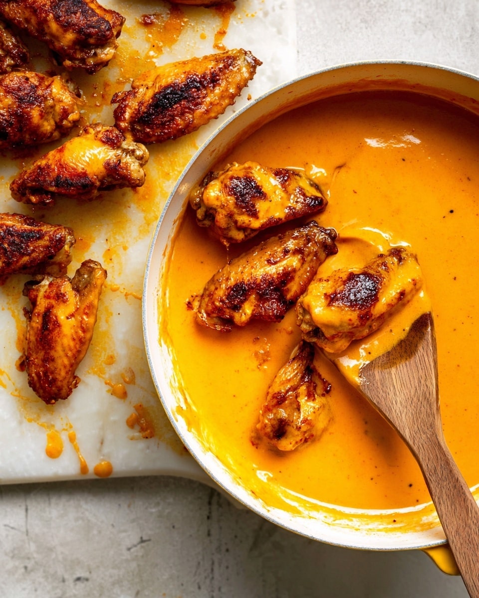 The image shows a white pan filled with a thick, smooth, bright orange sauce that covers the bottom and sides. On top of the sauce, several browned chicken wings are placed, their skin crispy with dark char marks and a golden-brown color. A wooden spoon rests inside the pan, partially dipped in the sauce, showing its creamy texture. Outside the pan, on a white marbled textured surface, more cooked chicken wings are scattered with some sauce splashes around. The scene suggests warmth and a rich flavor from the sauce photo taken with an iphone --ar 4:5 --v 7