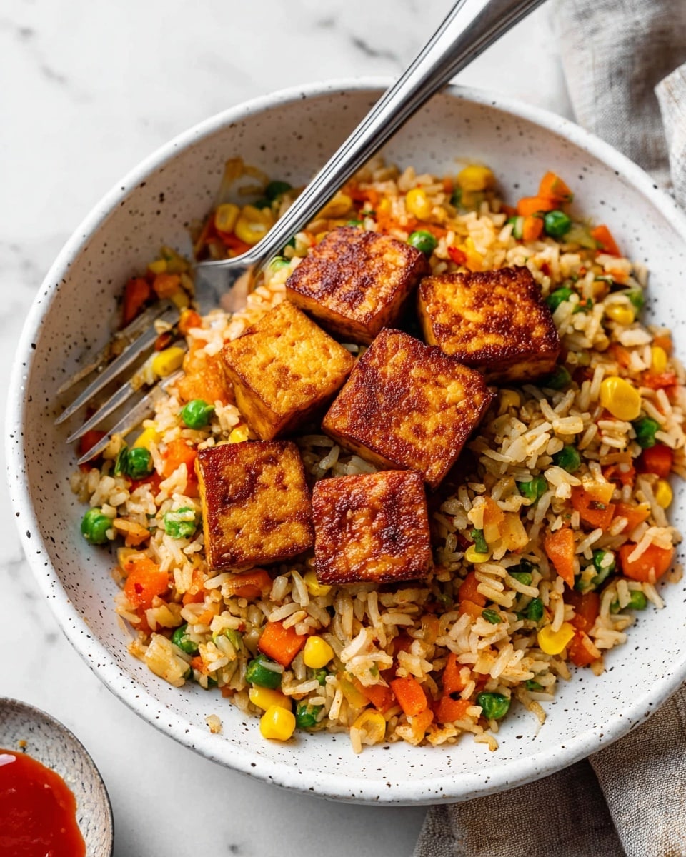 The image shows a bowl filled with fried rice mixed with small, colorful vegetable pieces such as orange carrots, green peas, yellow corn, and bits of red pepper. On top of the rice are seven golden-brown cubes of tofu evenly spread in a circular pattern. A fork rests inside the bowl with its handle pointing outward and the prongs submerged in the rice. The bowl is white with small dark speckles, and it sits on a white marbled surface. A small round dish with red sauce is partially visible at the bottom left corner, and a piece of folded cloth is in the background. Photo taken with an iphone --ar 4:5 --v 7