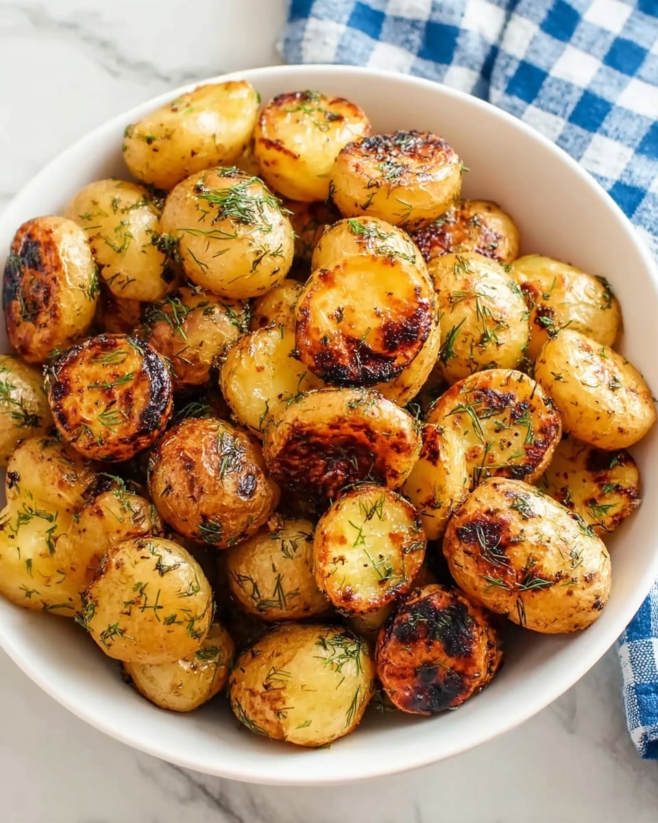 A white bowl filled with roasted small potatoes cut in halves, showing golden-yellow soft centers with a crispy brown surface. The potatoes have some charred spots and are sprinkled lightly with chopped green herbs. The bowl is placed on a white marbled surface and is partially on a blue and white checkered cloth. The roasted potatoes look crispy and slightly shiny with oil. Photo taken with an iphone --ar 4:5 --v 7