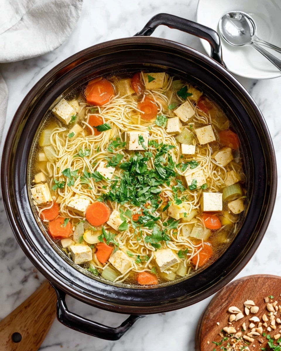 A round black pot filled with a soup showing several layers: at the bottom, thin light yellow noodles; scattered on top are small cubes of light beige tofu, round orange carrot slices, and pale yellow celery pieces; the whole is covered with a clear broth; fresh green herbs are sprinkled over the soup's surface. The pot sits on a white marbled texture, with a white bowl holding a silver spoon on the top right and a cutting board with chopped nuts and herbs on the bottom right. Photo taken with an iphone --ar 4:5 --v 7
