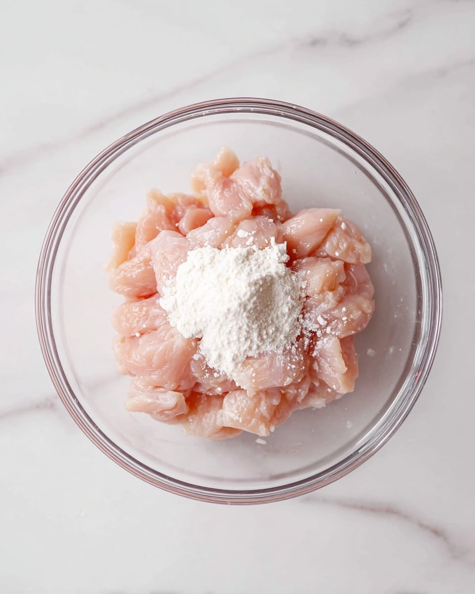 A clear glass bowl sits on a white marbled surface, filled with small pieces of light pink raw chicken. On top of the chicken pieces, there is a small pile of white powder, likely cornstarch or flour. The bowl is centered in the image with a clean and bright background, showing the texture of the raw chicken pieces clearly. photo taken with an iphone --ar 4:5 --v 7