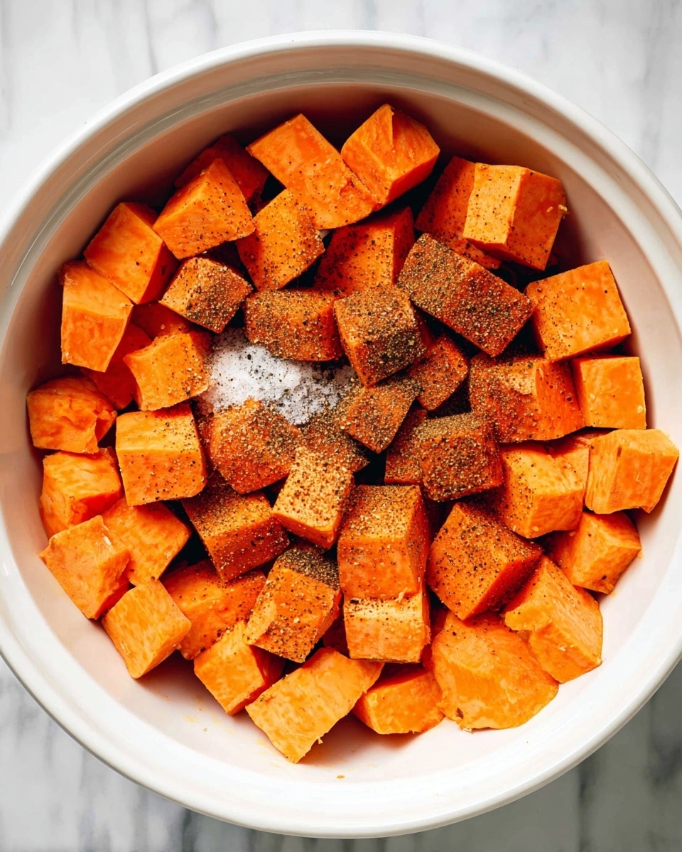 The image shows a white bowl filled with many cubes of bright orange sweet potato, spread out in one visible layer. On top of the sweet potatoes, there are scattered sprinkles of black pepper, coarse white salt, and a darker reddish-brown spice, creating textured patches on the cubes. The bowl is placed on a white marbled surface. The photo taken with an iphone --ar 4:5 --v 7
