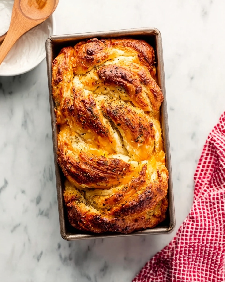 The image shows a loaf of baked bread in a small rectangular metal pan placed on a white marbled surface. The bread has a twisted shape with visible layers of golden brown crust and melting yellow cheese flowing between the layers. The top crust is uneven and browned, showing a mix of light and dark golden colors with some herbs sprinkled on it. The cheese appears soft and creamy with rich orange and pale yellow colors, oozing and blending into the crust layers evenly. On the left side, part of a white bowl with a wooden spoon is visible, and on the right side, there is a red and white checkered cloth partially in view. photo taken with an iphone --ar 4:5 --v 7
