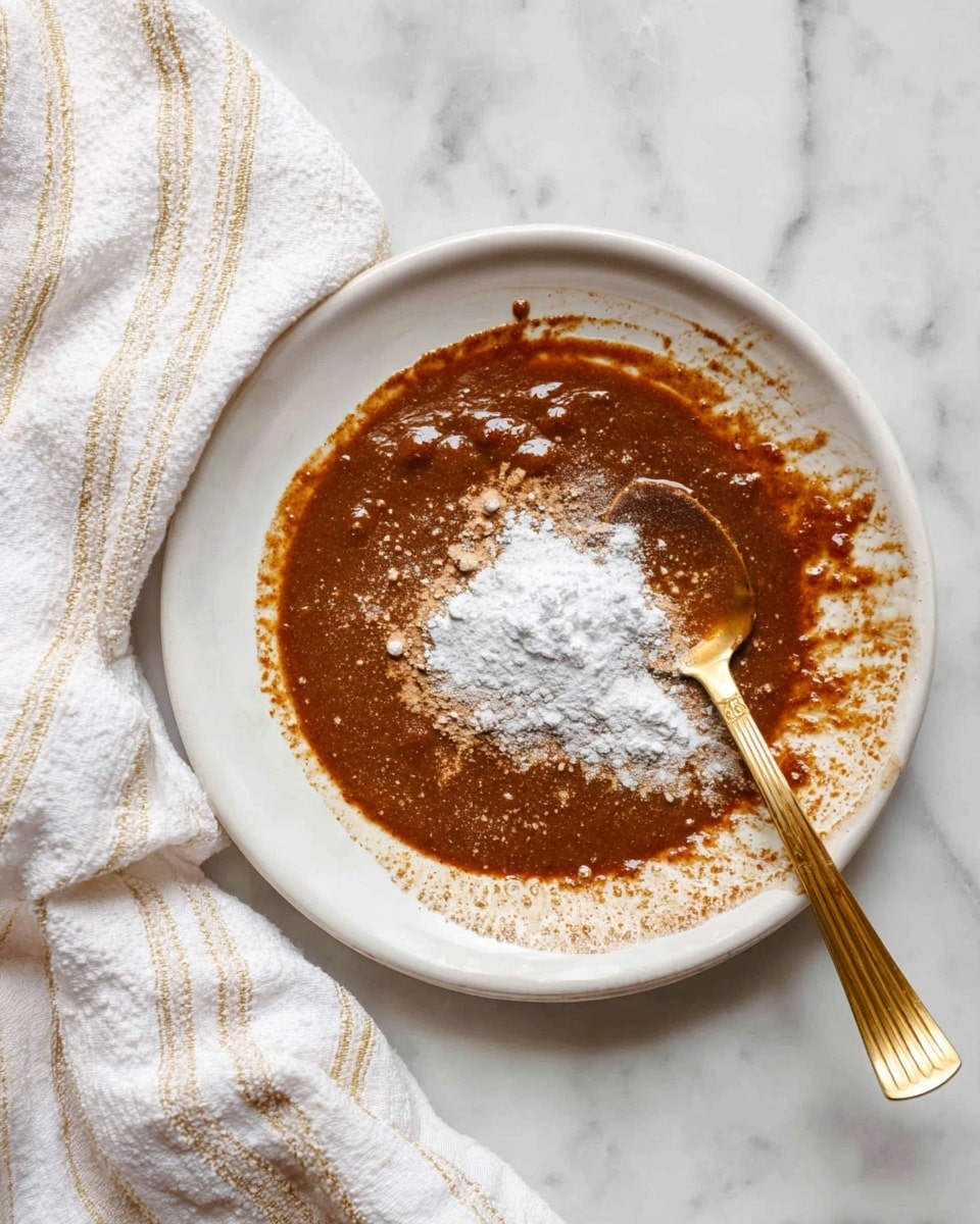 The image shows a white plate with a thick brown sauce layer spread evenly in the middle, having a slightly shiny and textured surface with some small lumps. On top of the sauce, near the center, there is a small pile of white powder. A gold spoon rests on the right side of the plate, partially covered by the sauce with some sauce on its surface. The plate is placed on a white marbled texture with a white cloth with thin gold stripes around the bottom left side. Photo taken with an iphone --ar 4:5 --v 7
