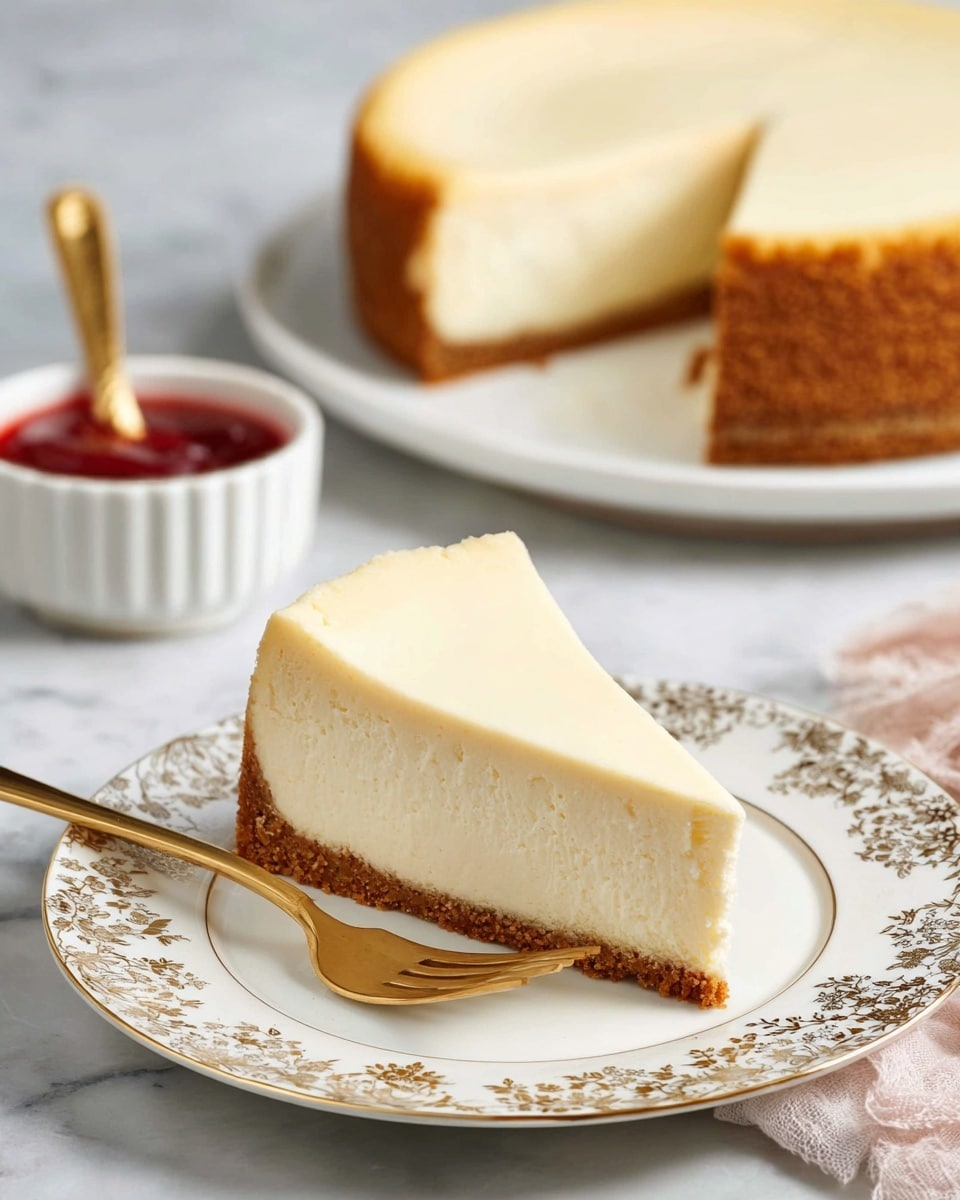 A slice of cheesecake with two layers sits on a white plate with a gold floral border; the bottom layer is a brown crumbly crust and the top layer is a thick, smooth, cream-colored cheesecake. The slice is positioned in the center of the plate with a gold fork resting next to it. In the background, there is a white round plate holding the remaining cheesecake with one slice missing. Behind that, a white bowl filled with a red sauce and a gold spoon is slightly blurred. The surface beneath everything has a white marbled texture. Photo taken with an iphone --ar 4:5 --v 7