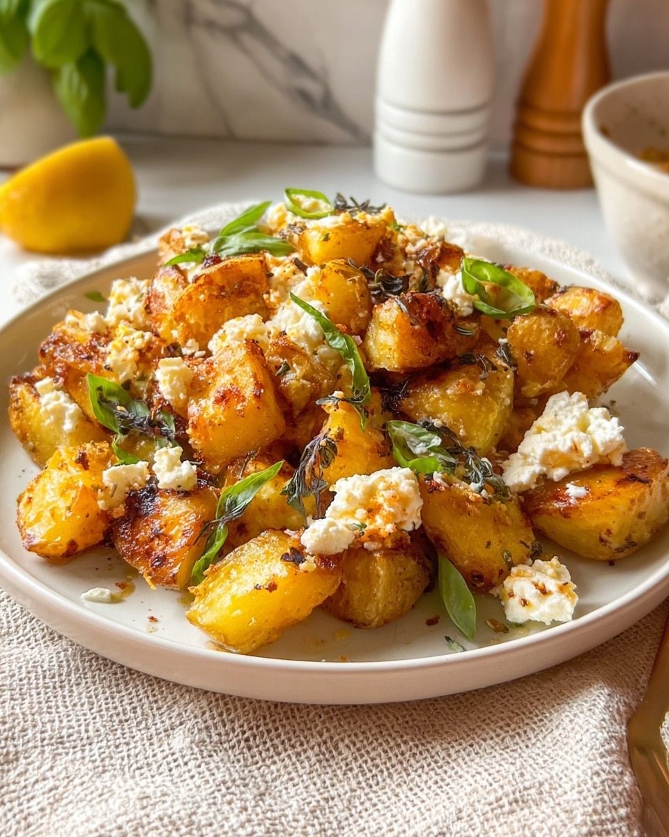 The image shows a plate of roasted potatoes that are golden brown with some pieces slightly darker on the edges, giving a crispy look. The potatoes are topped with creamy white cheese, which appears chunky and spread unevenly on top. There are thin strips of fresh green basil scattered over the potatoes and cheese, adding a fresh touch. The dish is presented on a white plate placed on a light beige textured cloth, with a white marbled surface in the background and some kitchen items slightly blurred in the distance. The lighting is warm, highlighting the textures of the food clearly. photo taken with an iphone --ar 4:5 --v 7