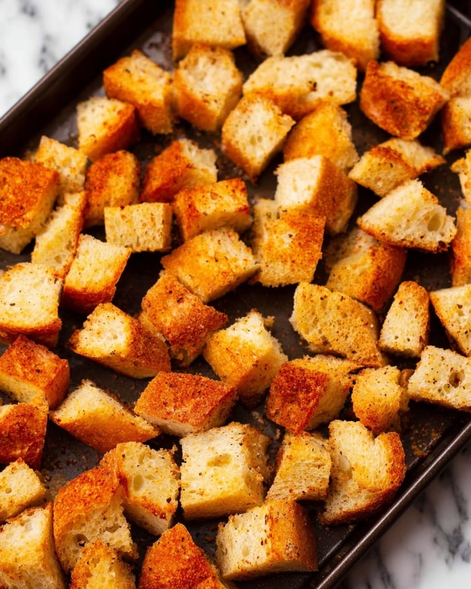 The image shows many pieces of toasted bread cut into small cubes, spread evenly over a dark baking tray. Each piece has a golden brown and slightly reddish color on the outside, showing a mix of crispy textures, some parts lightly browned and others a bit darker with faint spice powder visible. The bread pieces are arranged close to each other with irregular shapes and sizes, creating a crunchy and seasoned snack look. The background is a white marbled surface. photo taken with an iphone --ar 4:5 --v 7