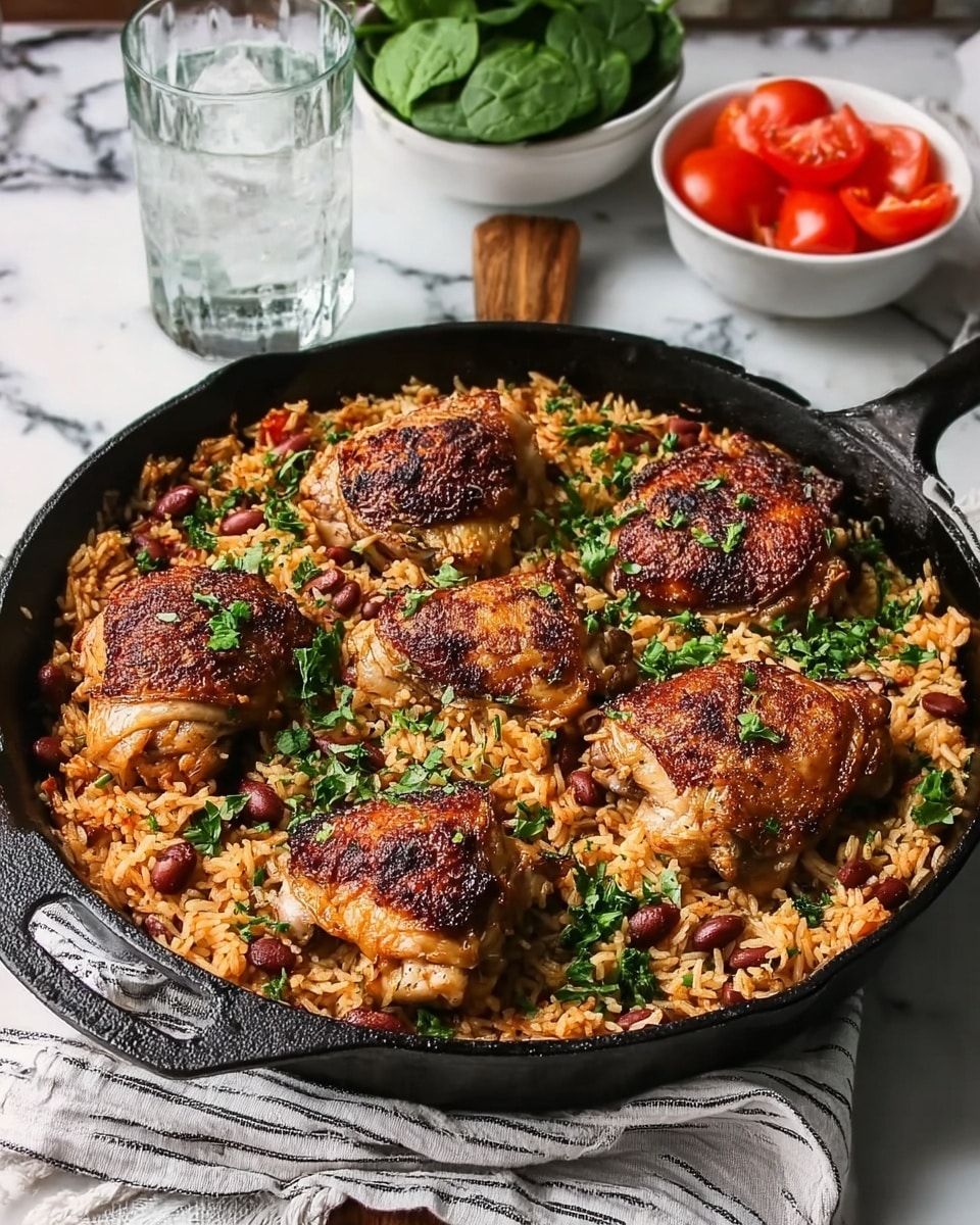 A black cast iron pan filled with cooked rice mixed with small red beans and garnished with chopped green herbs. On top of the rice, there are five browned chicken pieces with a crispy skin, evenly spread across the pan. The pan is placed on a striped cloth over a white marbled surface. Behind the pan, there is a clear glass of water and a small white bowl of fresh spinach leaves, and another white bowl containing sliced red tomatoes. photo taken with an iphone --ar 4:5 --v 7