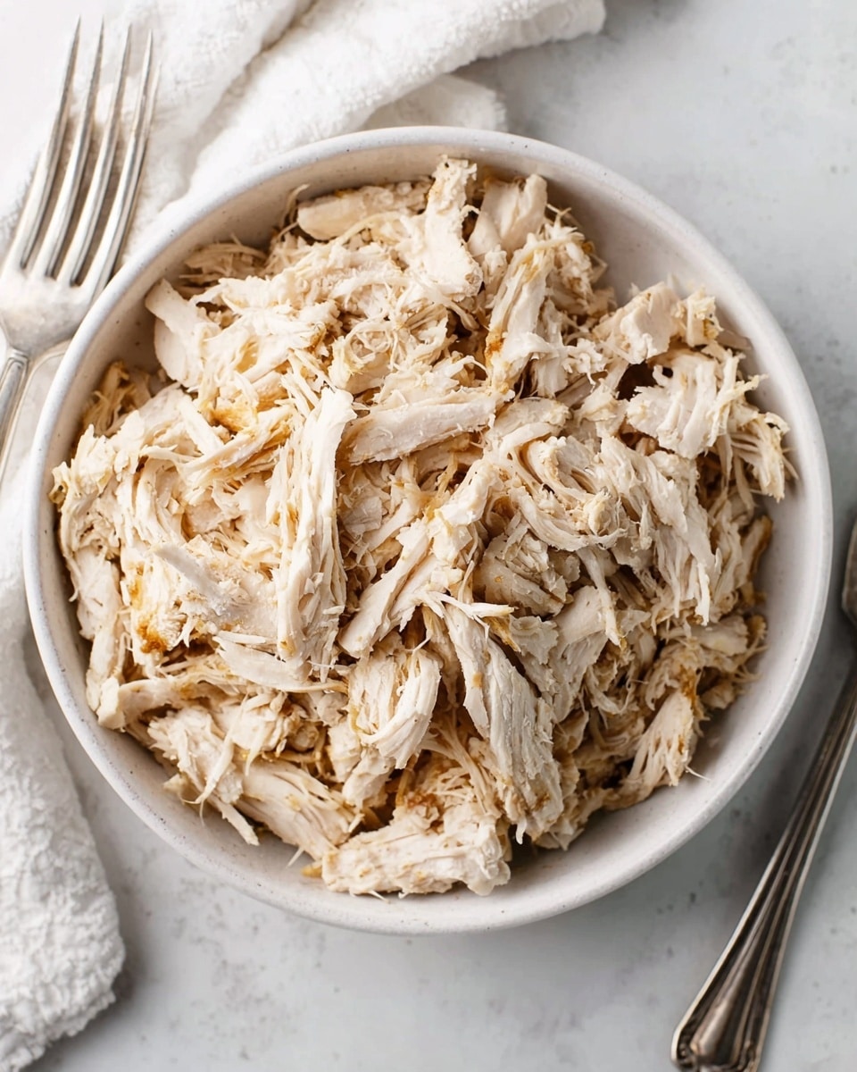 A white round bowl filled with shredded light beige cooked chicken, showing fine stringy pieces with some slightly darker beige parts. The shredded chicken fills the bowl fully and looks soft and moist. The bowl is placed on a white marbled surface, with a white cloth and silver fork nearby. The photo taken with an iphone --ar 4:5 --v 7