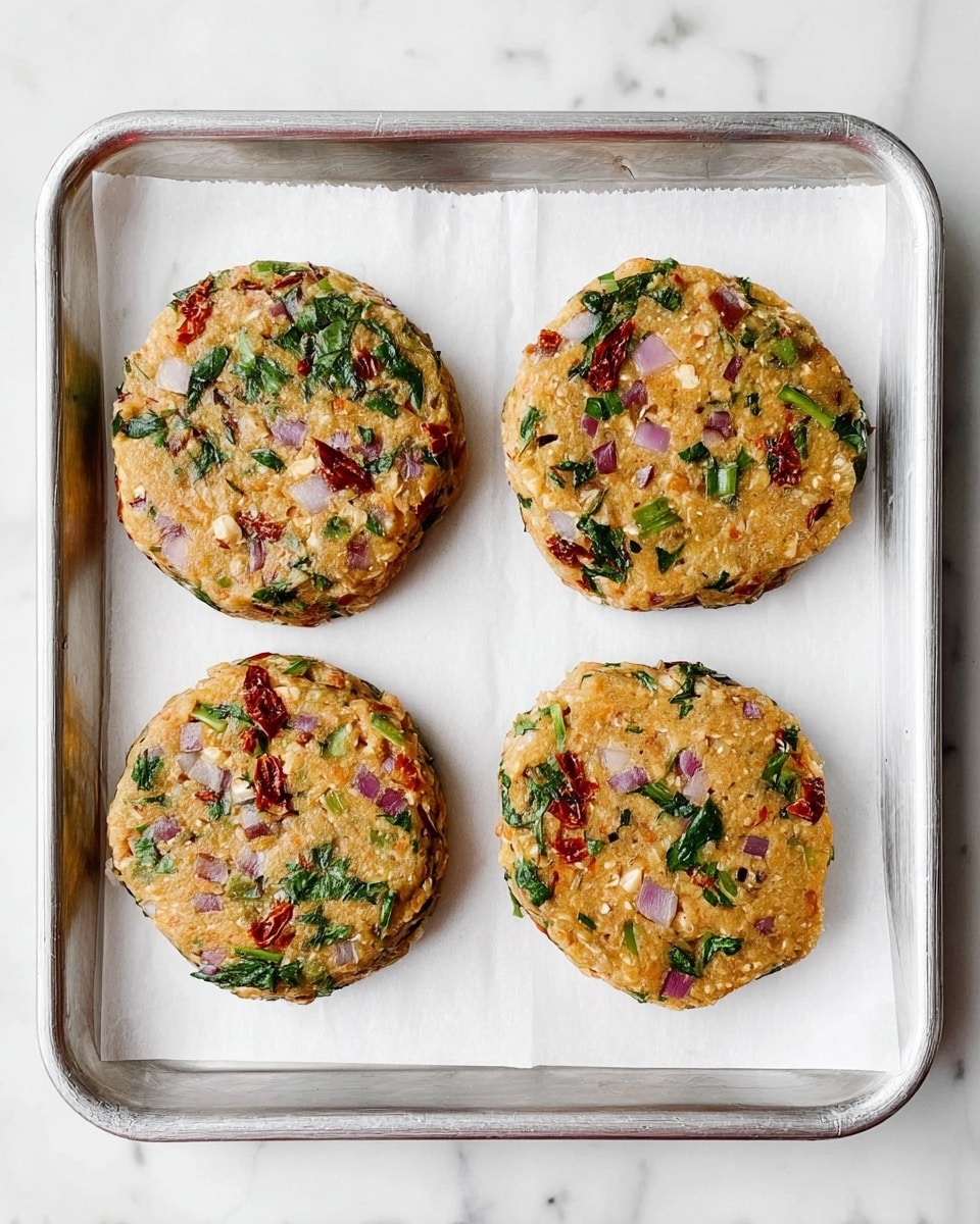 There are four uncooked round patties placed on white paper on a metal tray, set on a white marbled surface. Each patty is visibly mixed with small pieces of bright green herbs, light purple onion chunks, and bits of red sun-dried tomatoes, giving them a colorful and fresh look. The patties have a smooth, slightly shiny texture and are arranged in a square pattern with equal spacing. The overall appearance is fresh and ready for cooking. photo taken with an iphone --ar 4:5 --v 7