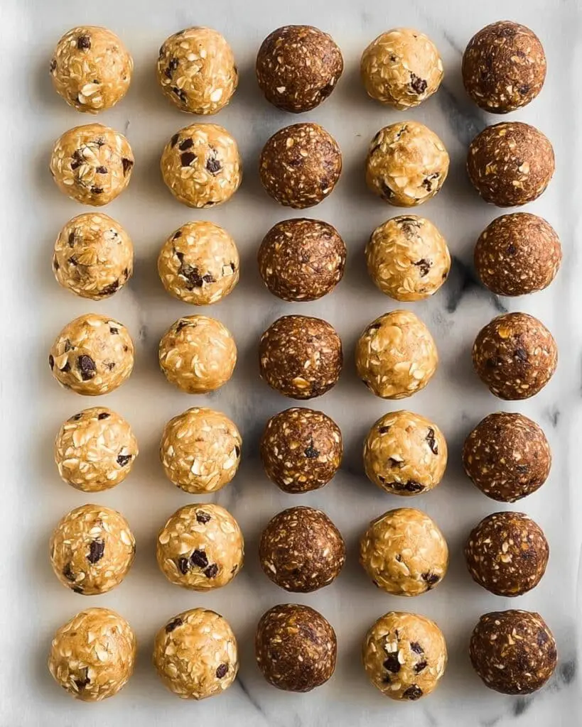 No Bake Protein Balls (Four Flavors: Chocolate Peanut Butter, Almond Joy, Cinnamon Raisin, Tahini Chocolate Chip) Recipe