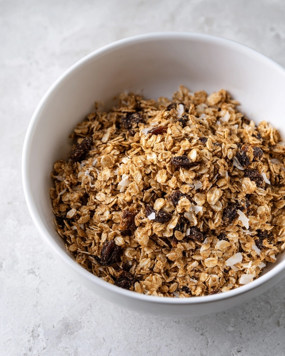 The image shows a white bowl filled with a mixture of oats, raisins, and small coconut flakes. The mixture looks light brown and textured, with visible oats that are dry and rough. The raisins add dark spots throughout the blend, and the coconut flakes provide thin white bits on top. The bowl is placed on a white marbled surface, giving a clean and bright background. Photo taken with an iphone --ar 4:5 --v 7