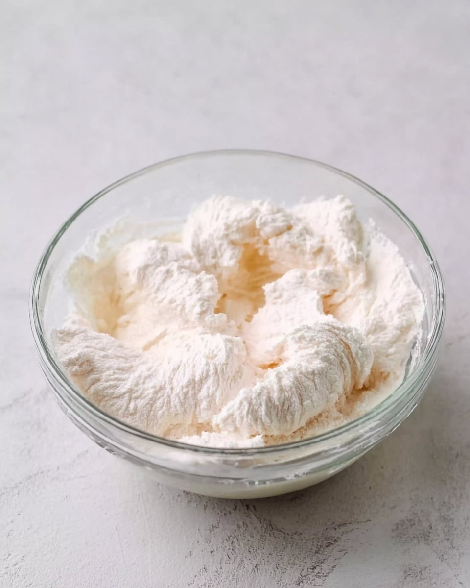 A clear glass bowl sits on a white marbled surface, filled with a thick white batter that looks fluffy and creamy. The batter has a smooth, whipped texture with soft peaks and some gentle folds, showing it is light and airy. The bowl is full to the top, and the batter’s surface looks soft and slightly uneven, with small air bubbles visible in some parts. Photo taken with an iphone --ar 4:5 --v 7