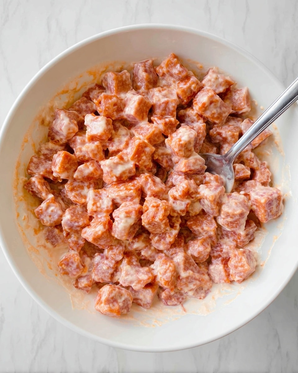 The image shows a white bowl filled with many small pinkish-orange cubes of food mixed in a creamy sauce. The cubes have a slightly rough texture and vary a little in size. A silver spoon is placed inside the bowl, partially covered by the cubes and sauce. The bowl sits on a white marbled surface. photo taken with an iphone --ar 4:5 --v 7