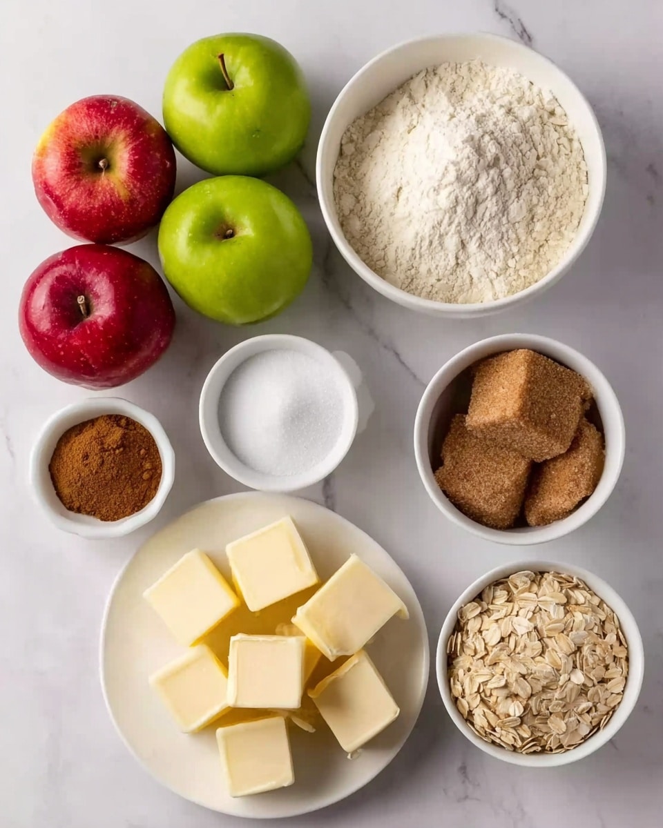 The image shows eight ingredients arranged neatly on a white marbled surface. At the top left, there are three apples, two red and one green. To the right of the apples, there is a white bowl filled with flour. Below the flour, a smaller white bowl holds white sugar, while next to it on the right is another white bowl containing brown sugar. Below the apples, there is a white plate with several square pieces of butter. To the bottom right of the butter, there is a white bowl with rolled oats. At the bottom left, a small white bowl contains two types of brown spices placed side by side. The overall scene is bright, clean, and organized, showing raw baking ingredients. Photo taken with an iphone --ar 4:5 --v 7